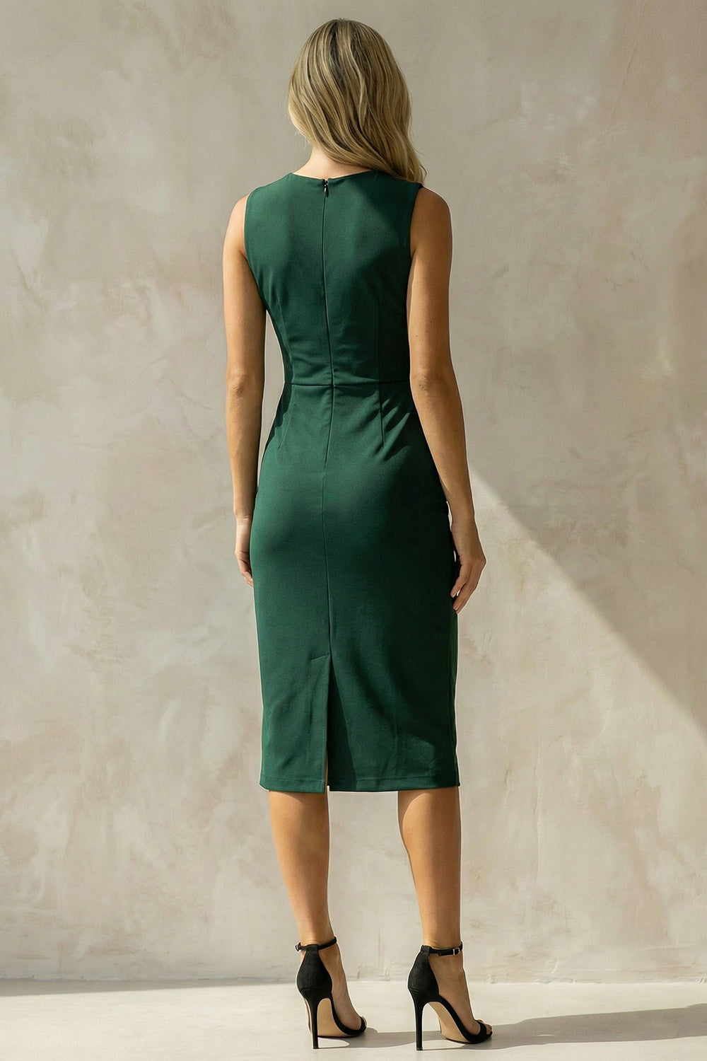 Dark Green Ruched Round Neck Pencil Midi Work Dress with Slit