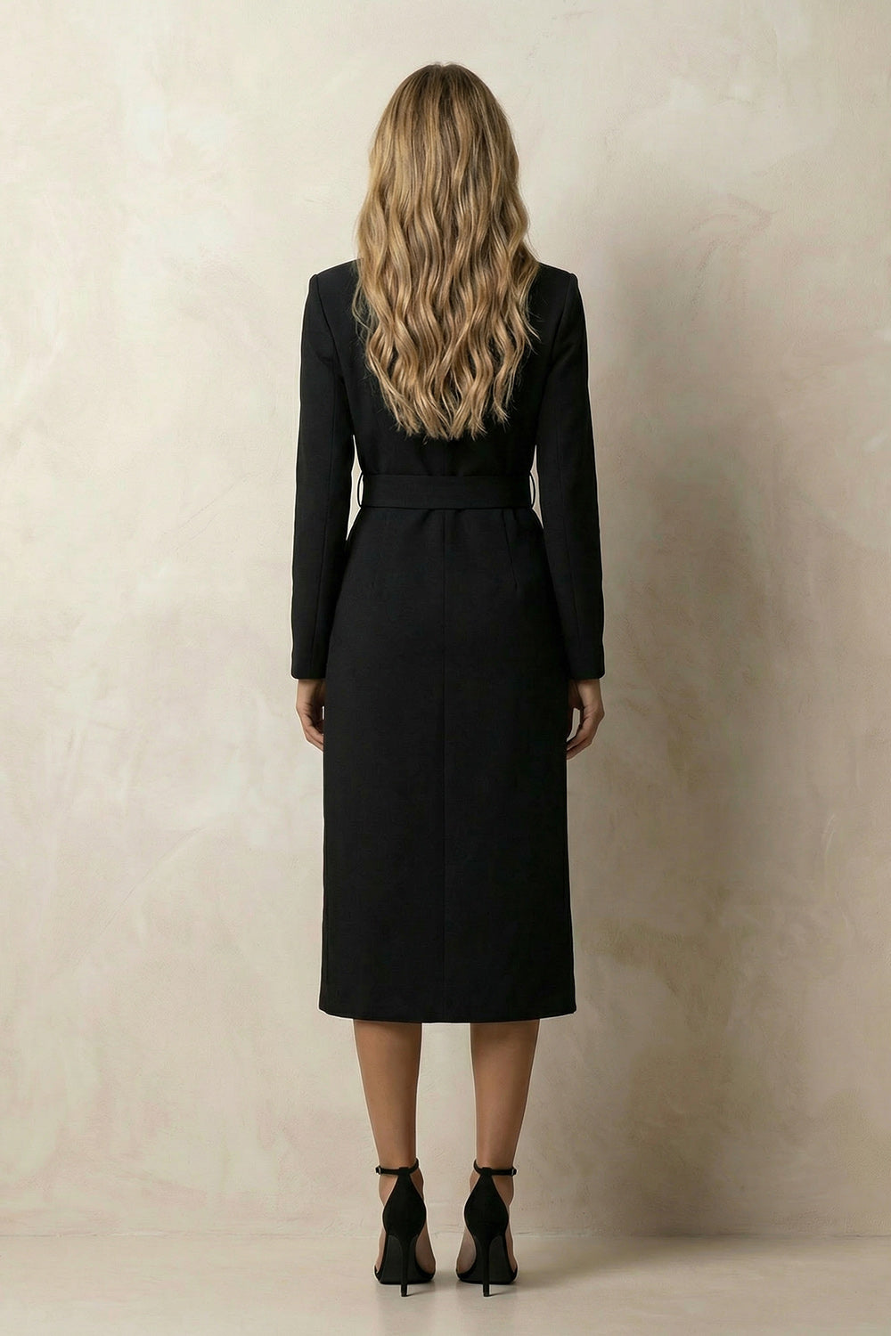 Black Bodycon Peak Lapel Midi Work Dress with Belt