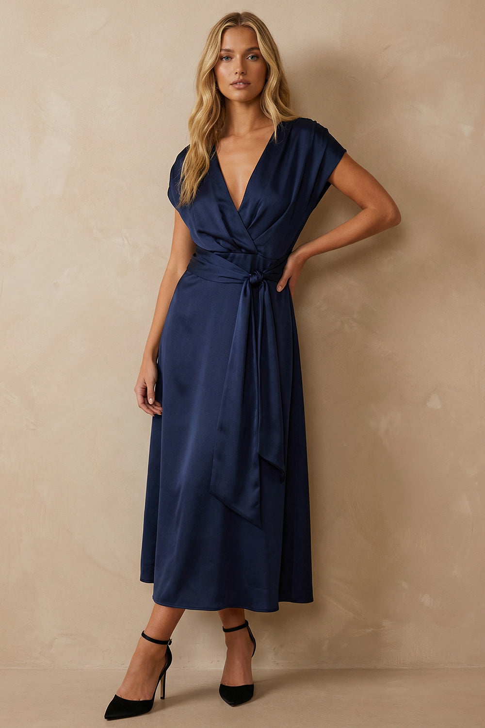 Navy Satin A Line V Neck Ankle Length Work Dress with Bow