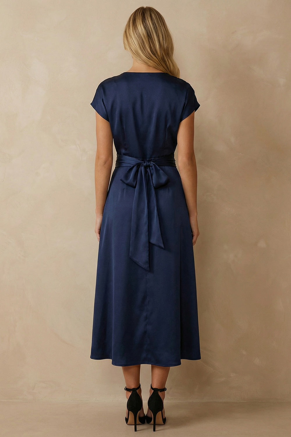 Navy Satin A Line V Neck Ankle Length Work Dress with Bow