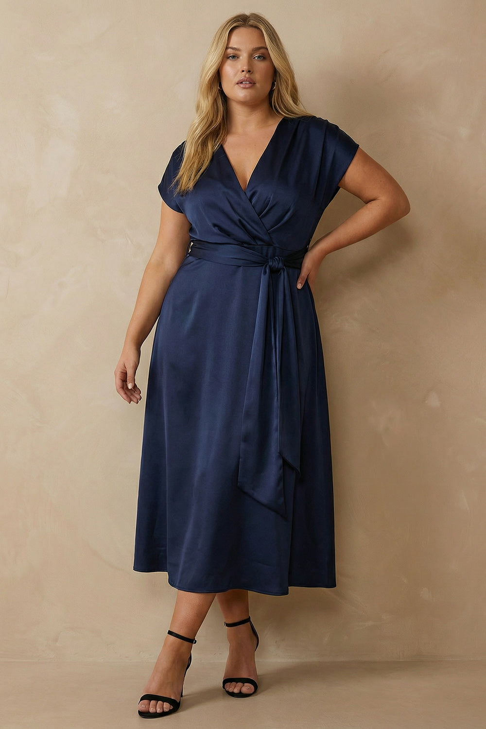 Navy Satin A Line V Neck Ankle Length Work Dress with Bow