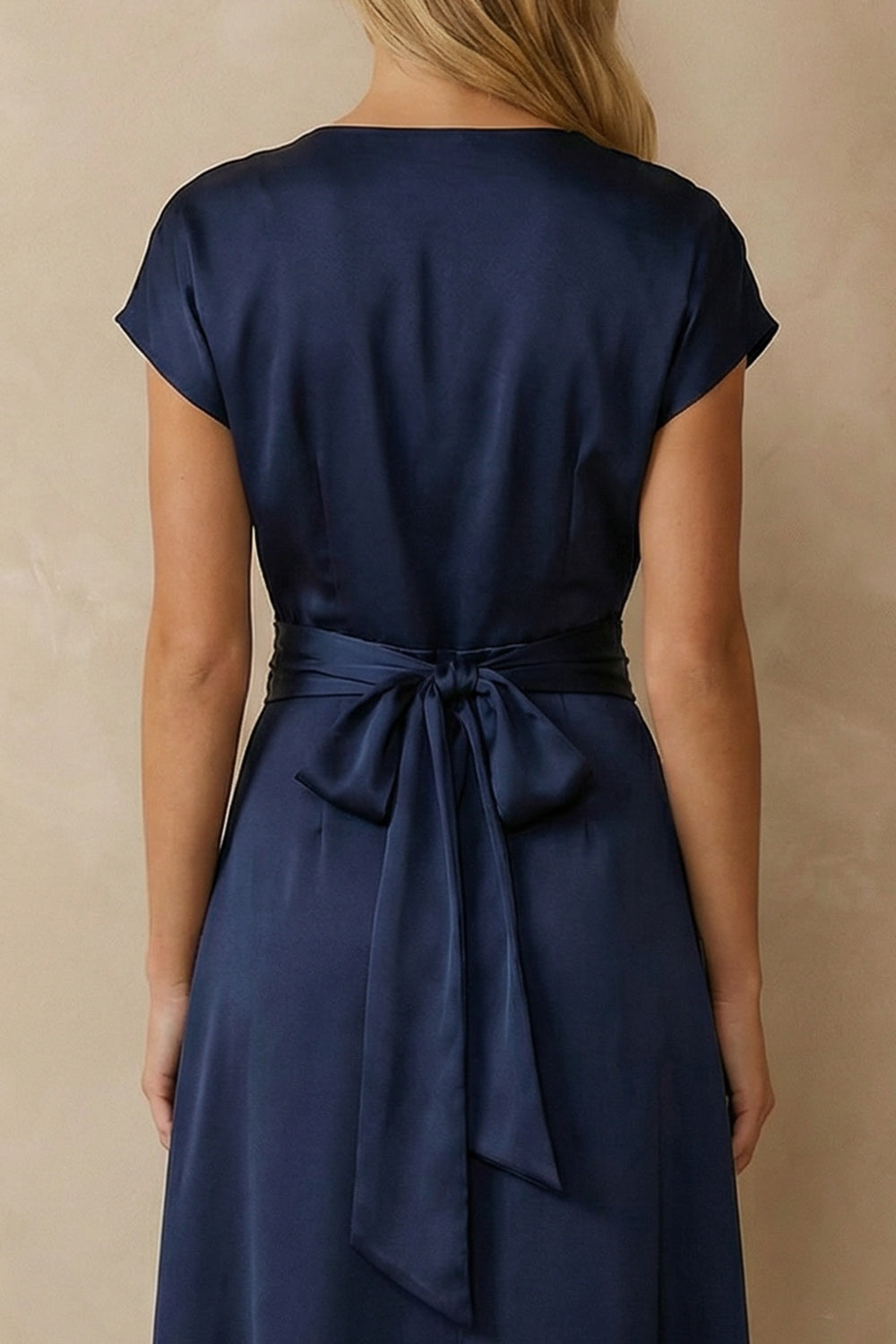 Navy Satin A Line V Neck Ankle Length Work Dress with Bow