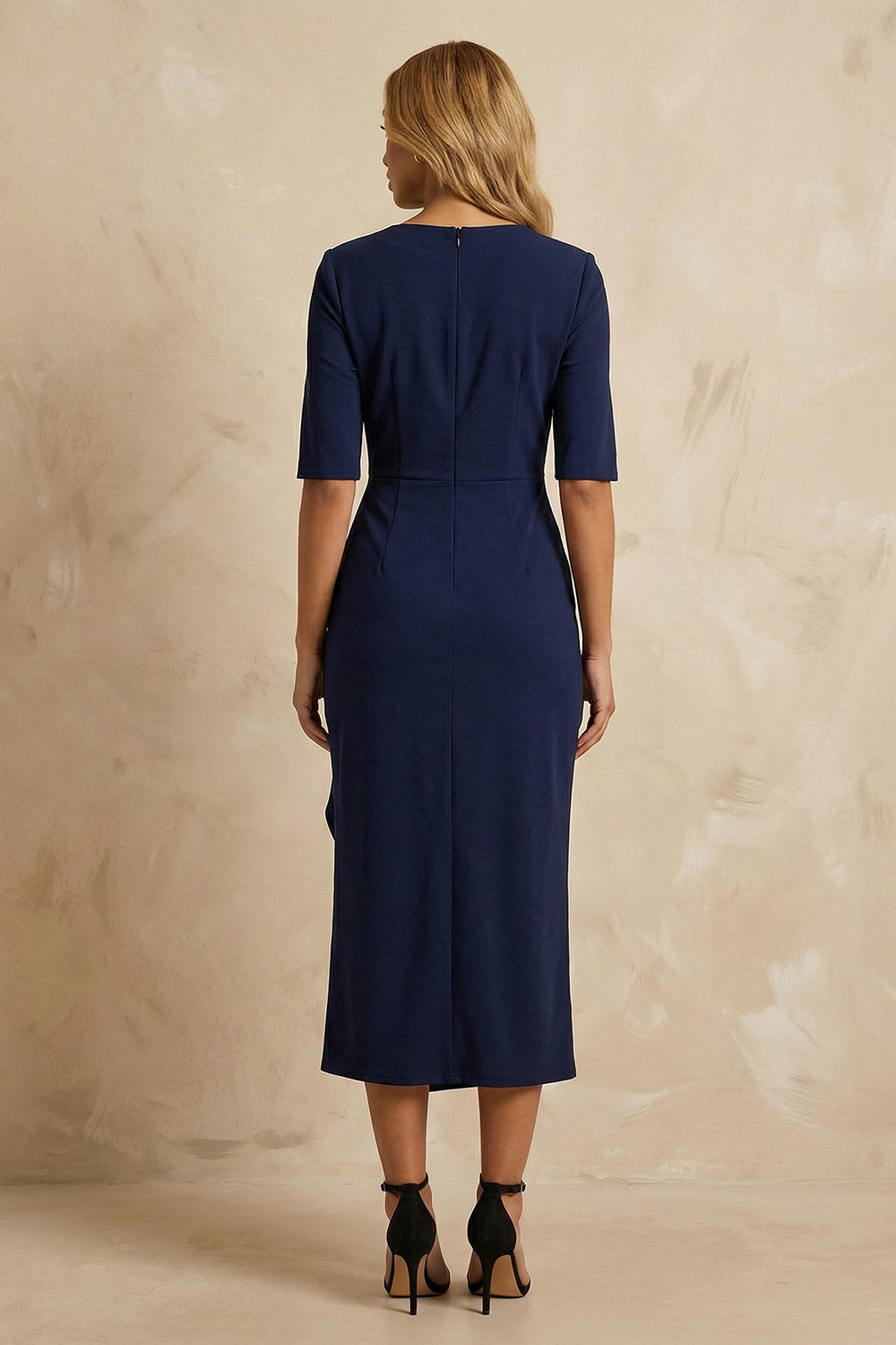 Dark Navy Cowl Neck Ruffled Pencil Ankle Length Work Dress with Slit