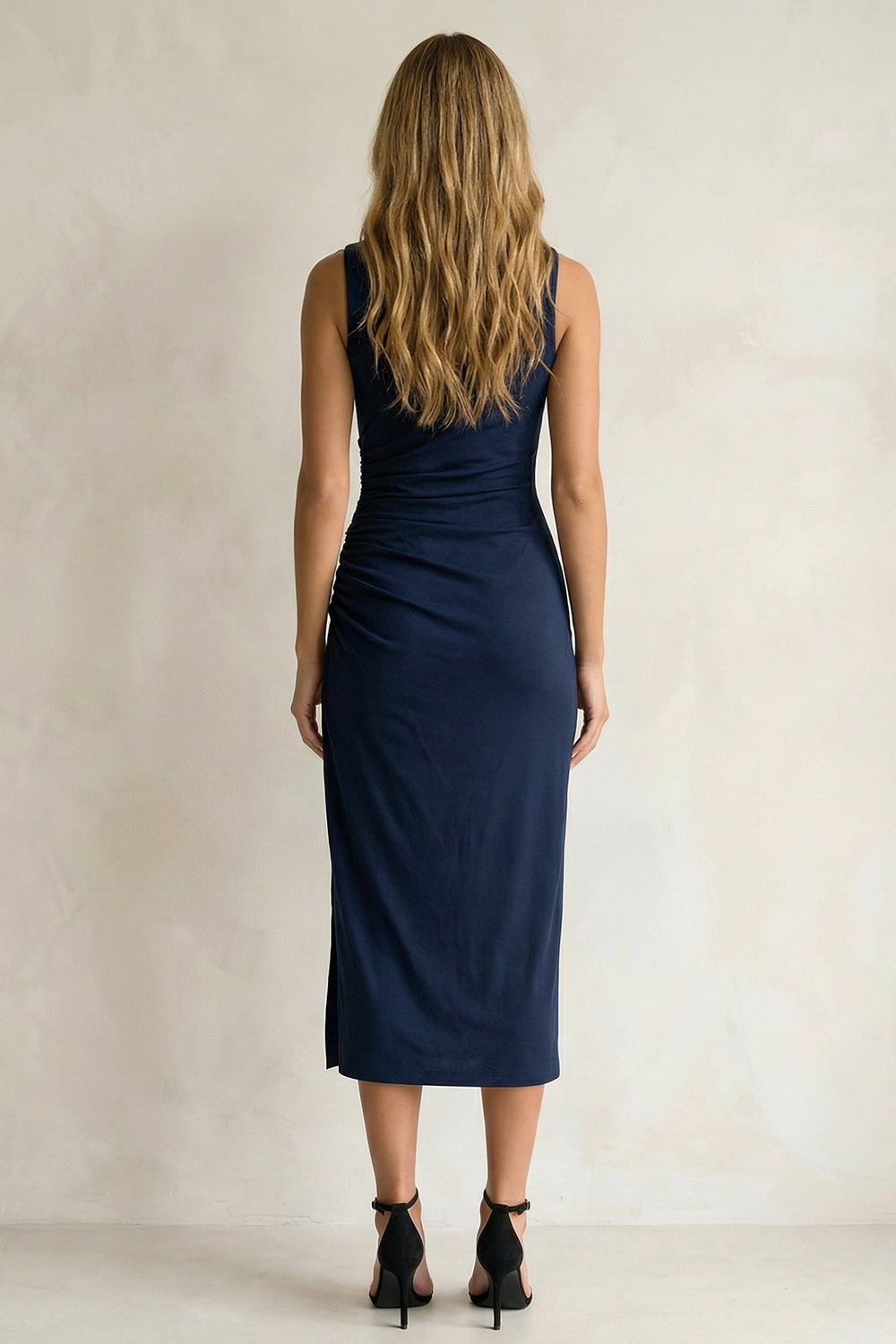 Navy Pencil Ruched Round Neck Midi Work Dress with Slit
