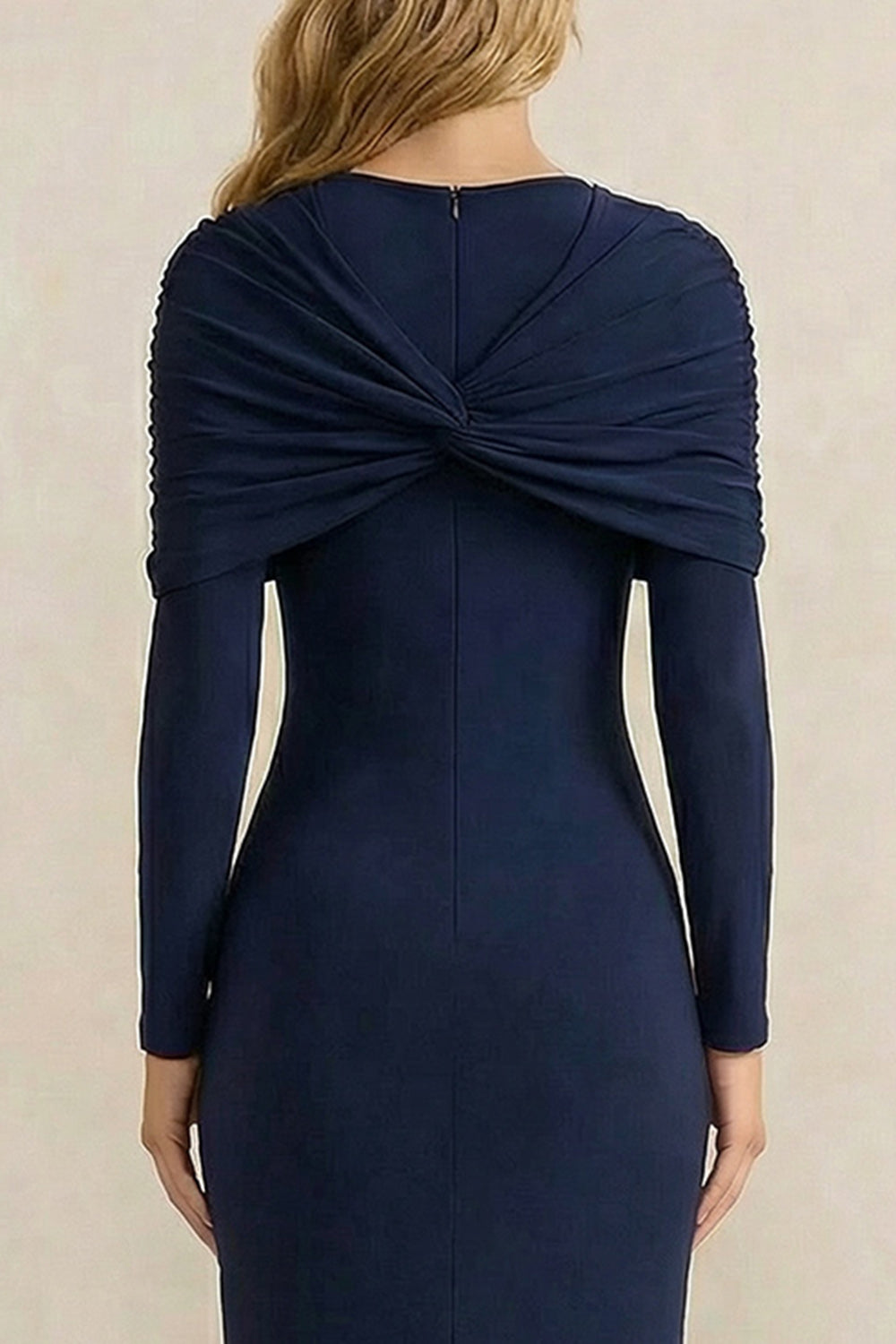 Navy Ruched Sheath Long Sleeves Work Dress with Slit