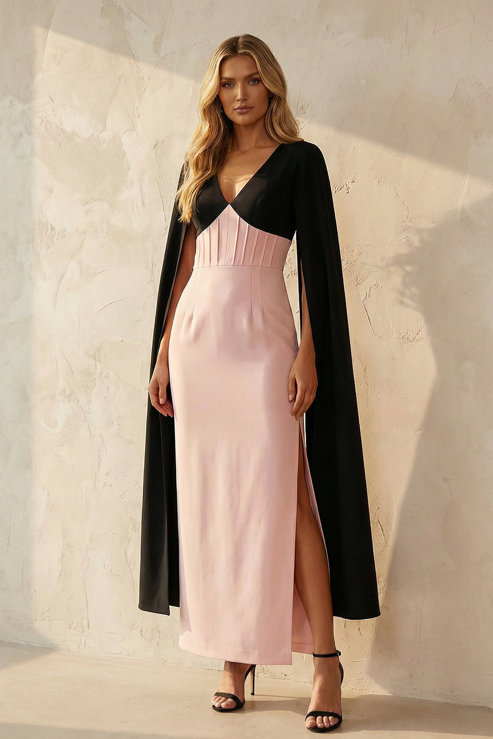 Black and Pink Sheath V Neck Long Corset Work Dress with Slit