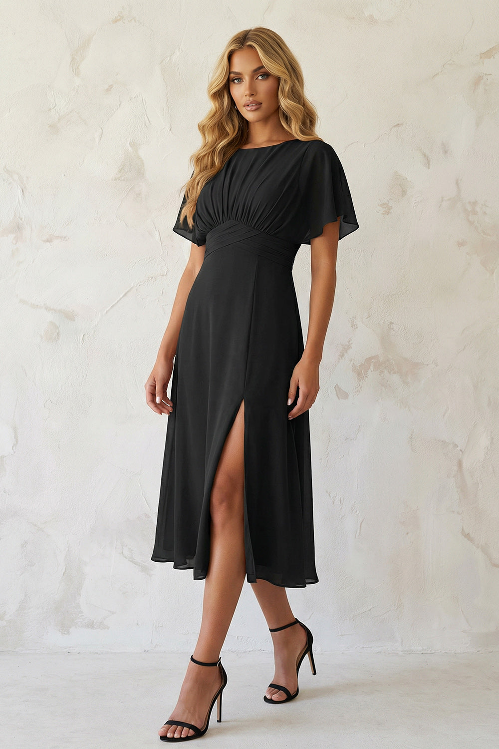 Black Chiffon A Line Pleated Midi Work Dress with Slit