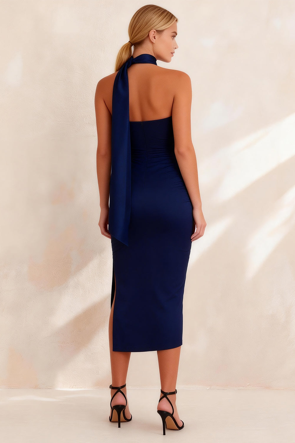 Navy Ruched Neck Scarf Bodycon Midi Work Dress with Slit