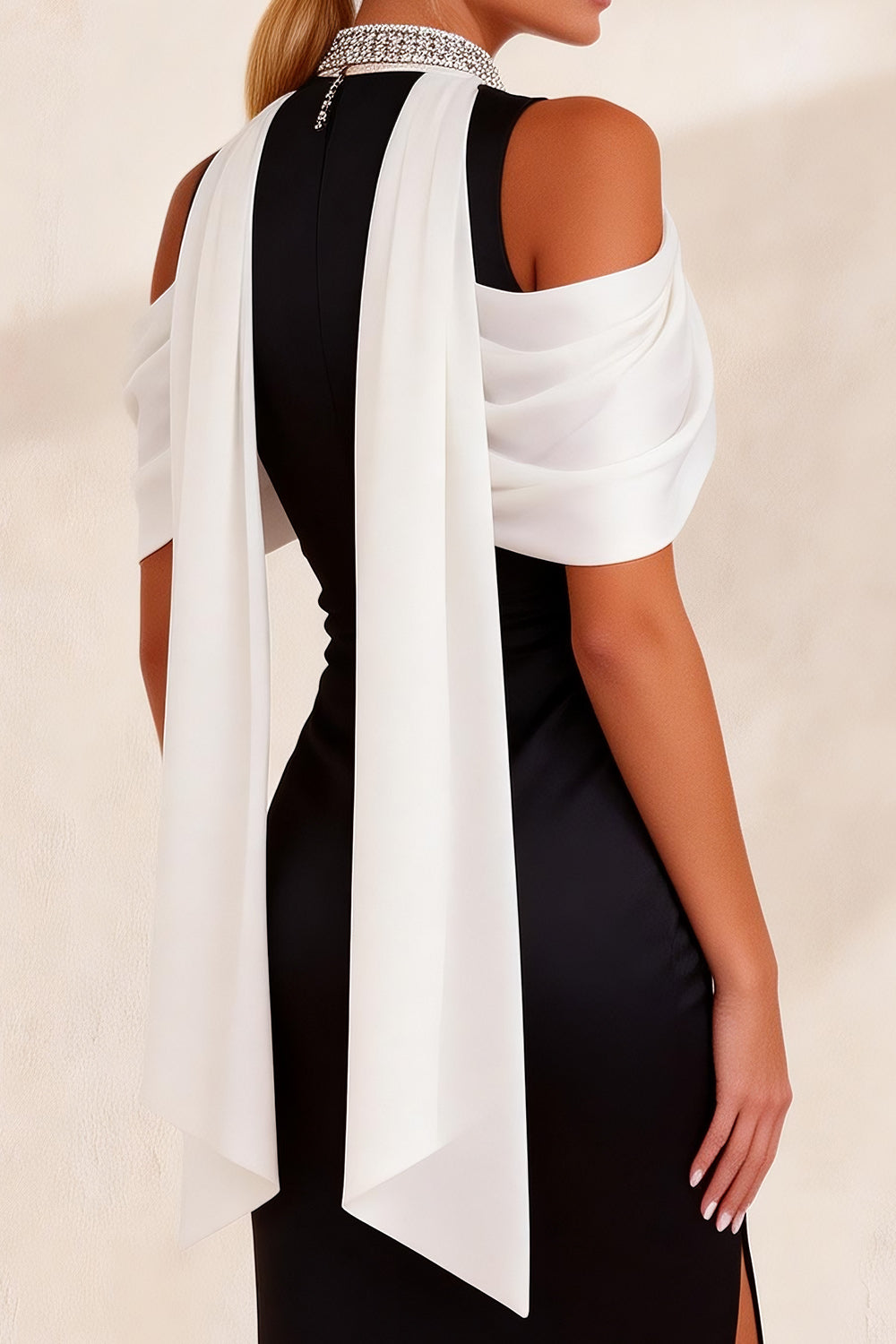 Black and White High Neck Sheath Cold Shoulder Midi Work Dress with Slit