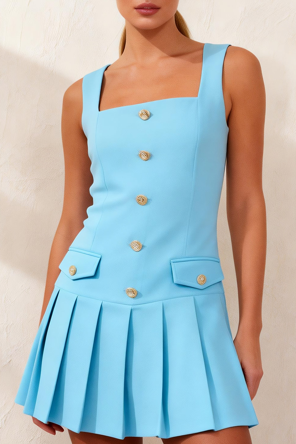 Sky Blue A Line Pleated Square Neck Short Work Dress with Buttons
