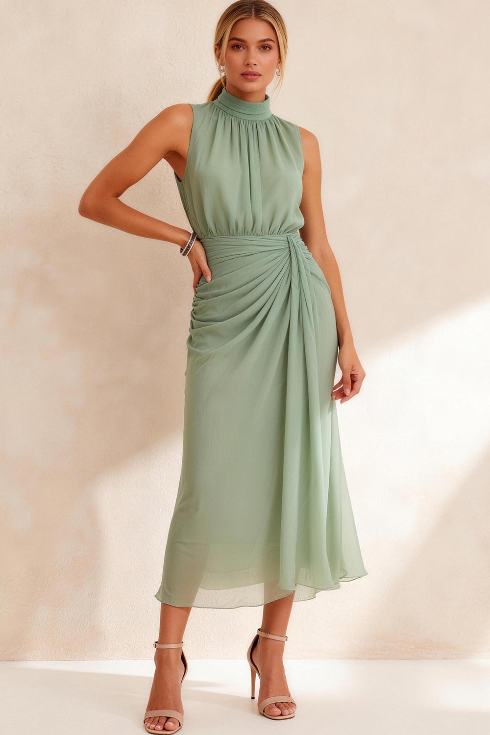 Sage Green Chiffon High Neck Sheath Ruched Midi Work Dress