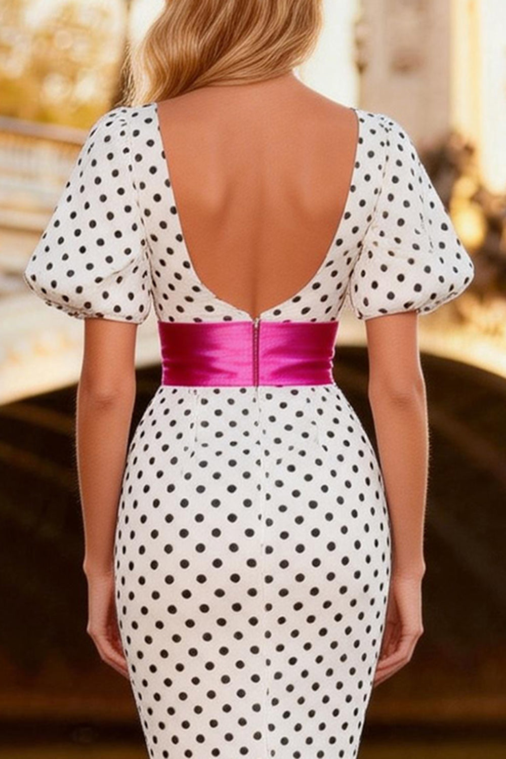 Black and White Mermaid Polka Dots Puff Sleeves High-Low Ruffled Prom Dress