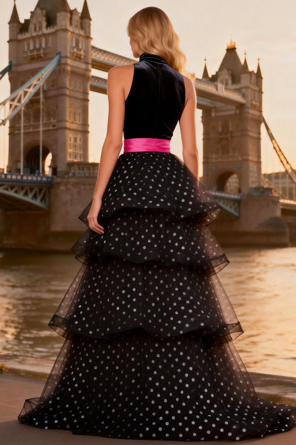 Polka Dots Black and White Ruffled High Neck Long Tulle Prom Dress with Slit
