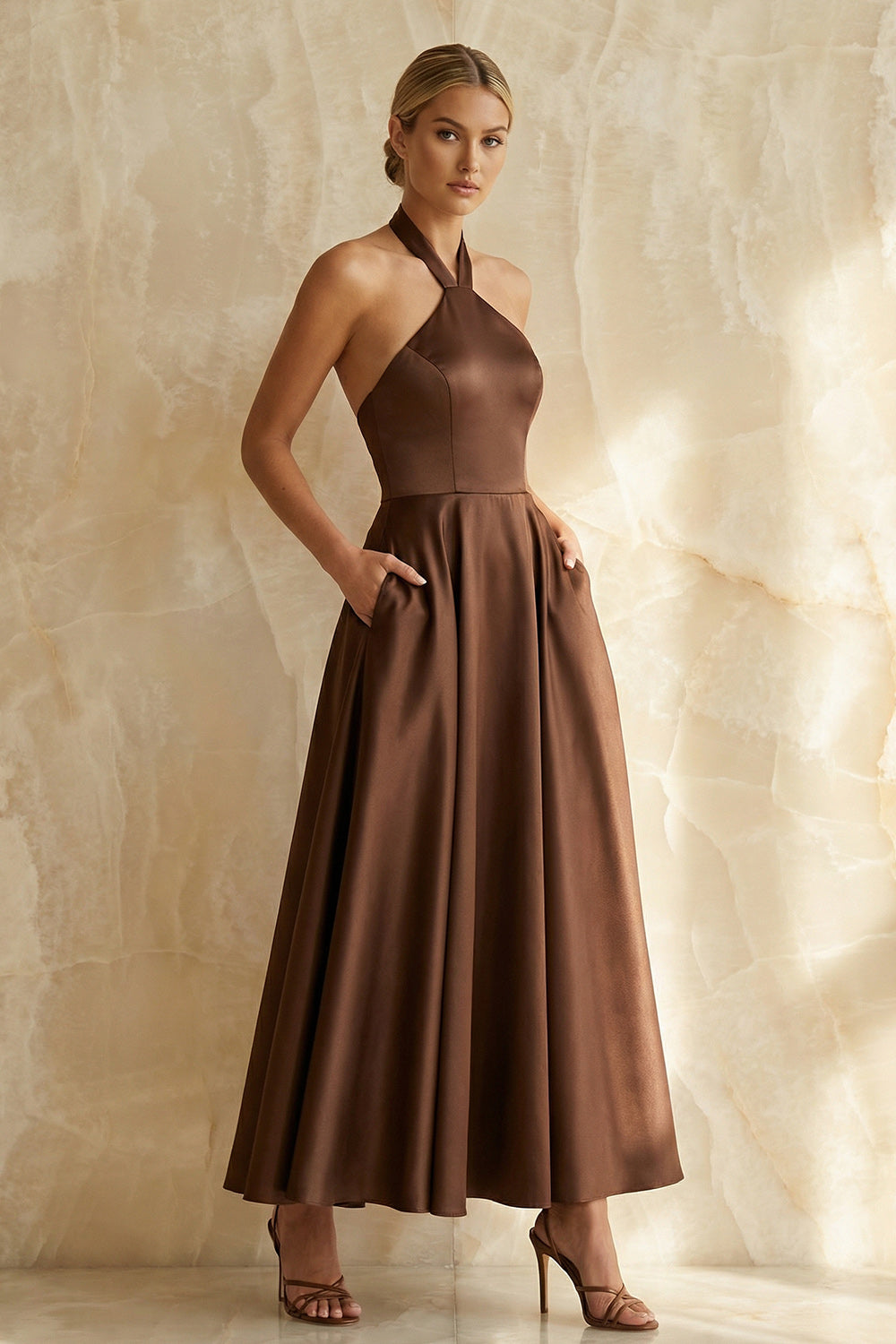 Chocolate Halter A Line Ruched Long Evening Dress