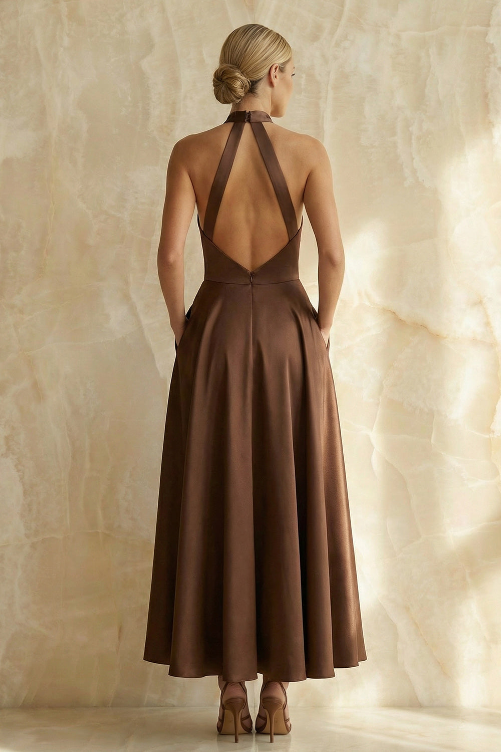 Chocolate Halter A Line Ruched Long Evening Dress