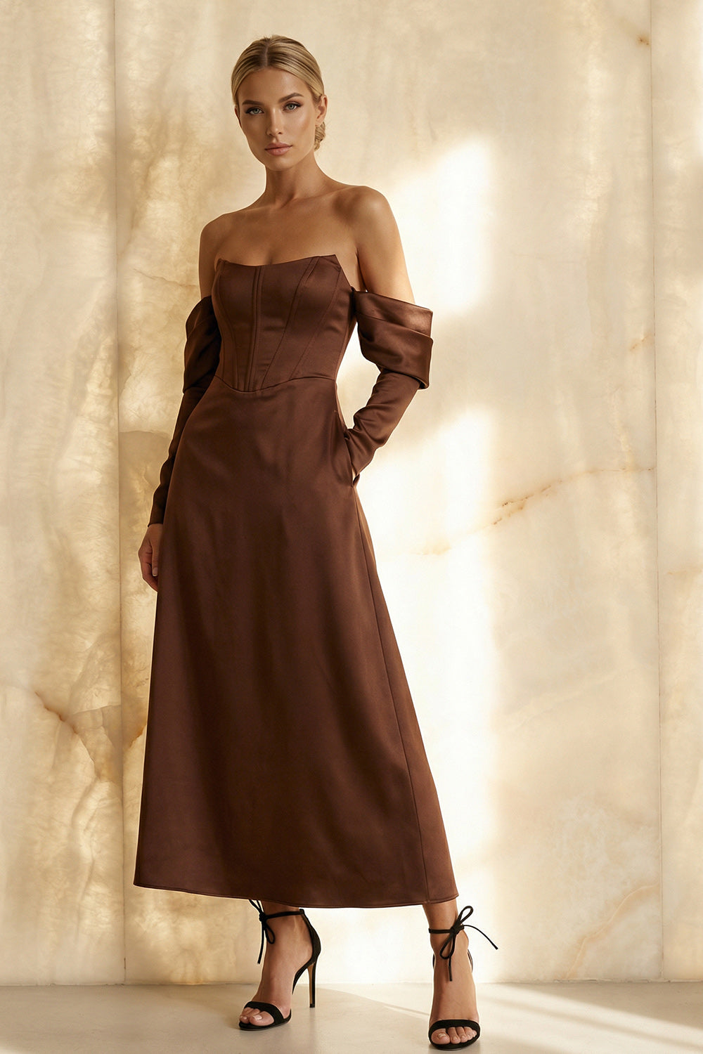 Elegant Chocolate Satin Off the Shoulder A Line Long Corset Evening Dress