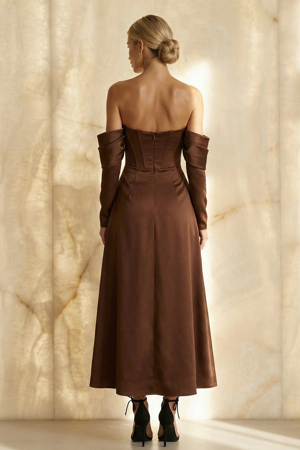 Elegant Chocolate Satin Off the Shoulder A Line Long Corset Evening Dress