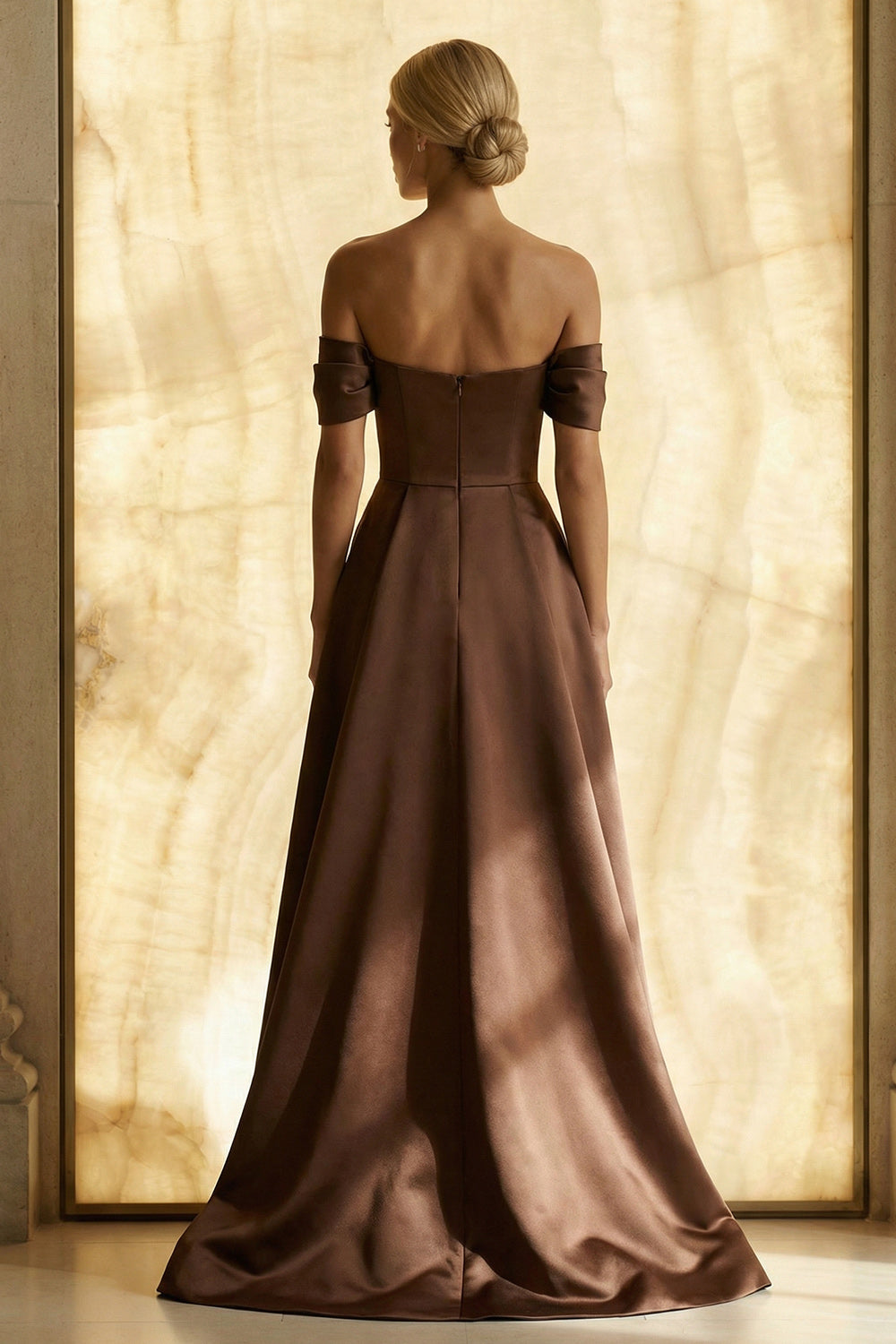 Chocolate A Line Off the Shoulder Ruched Long Evening Dress