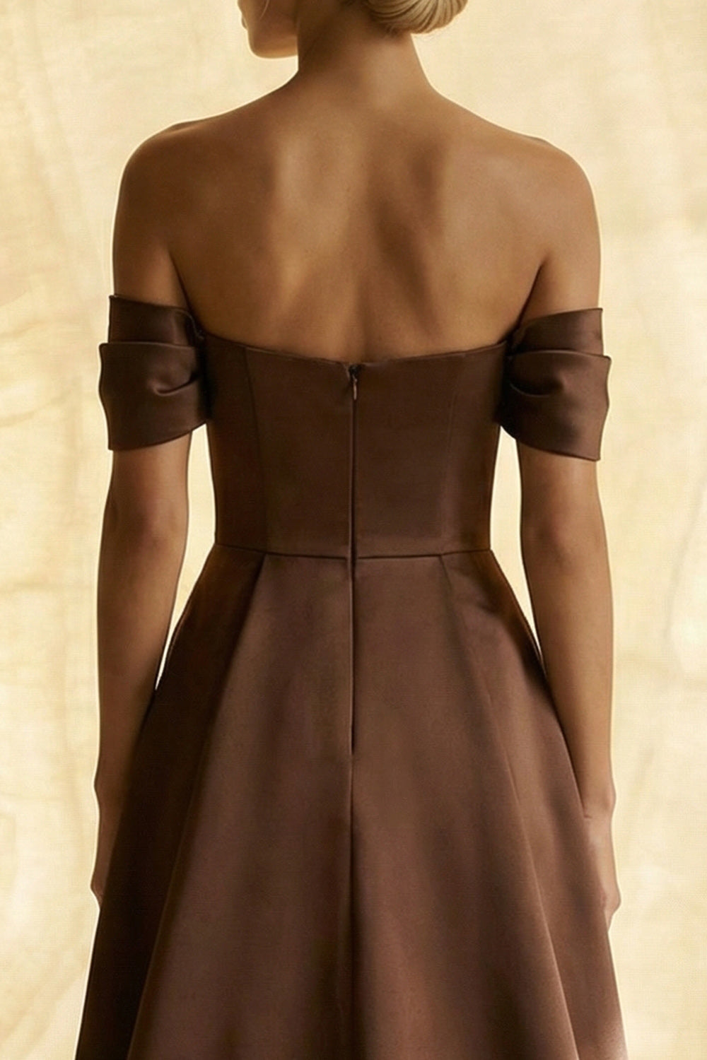 Chocolate A Line Off the Shoulder Ruched Long Evening Dress