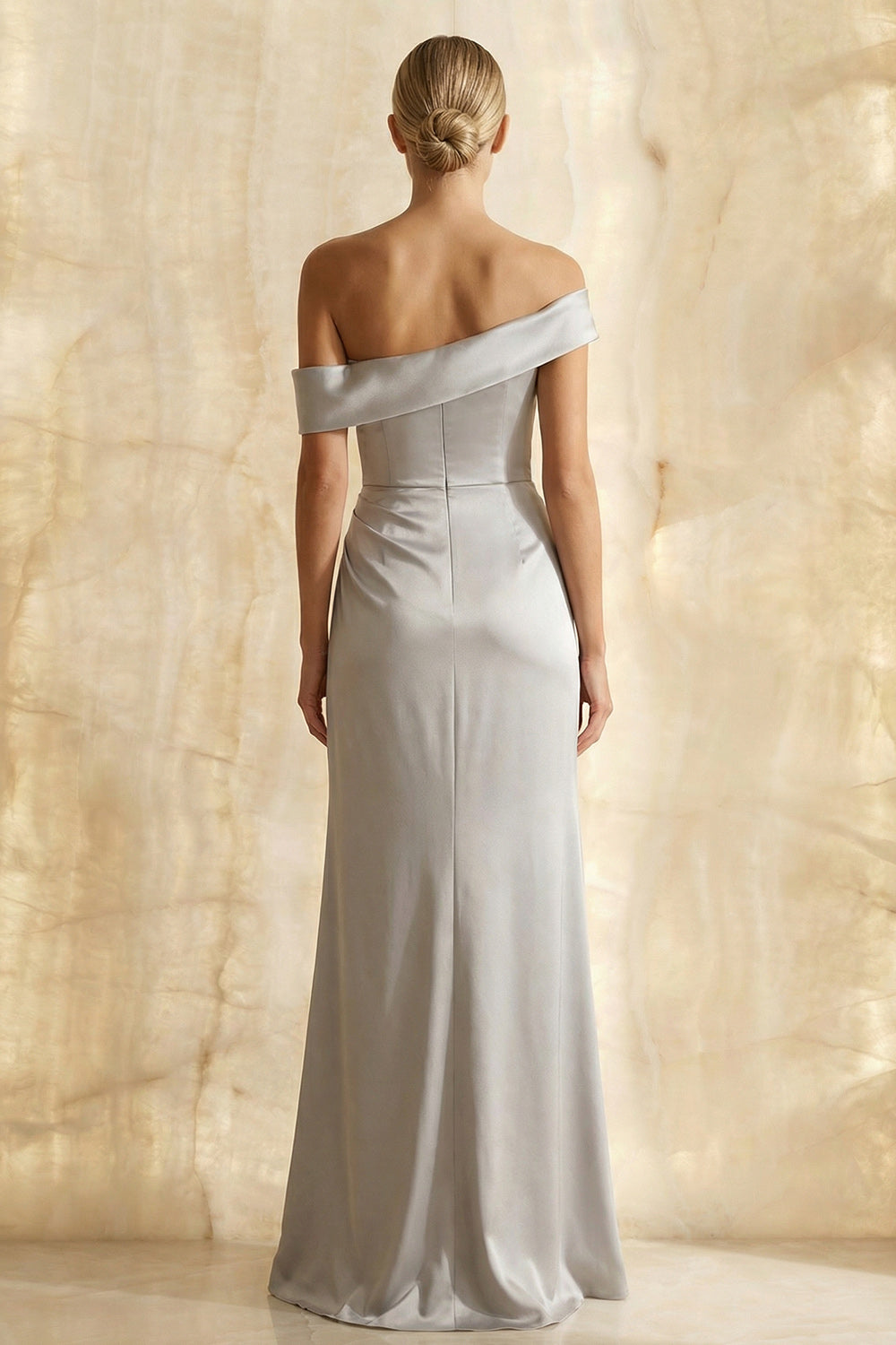 Light Grey Off the Shoulder Sheath Long Satin Evening Dress with Slit