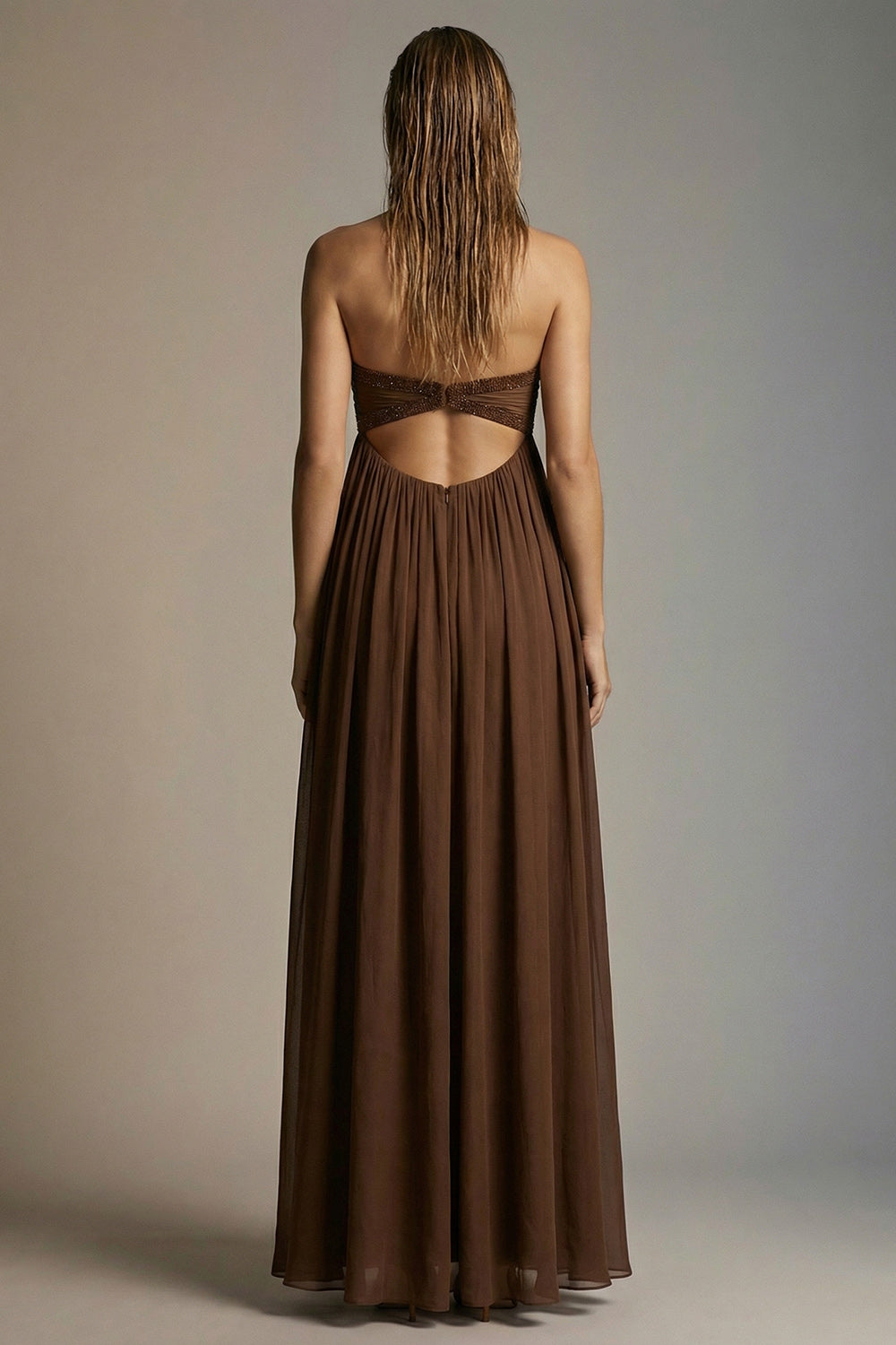 Chocolate Strapless A Line Pleated Long Evening Dress with Slit
