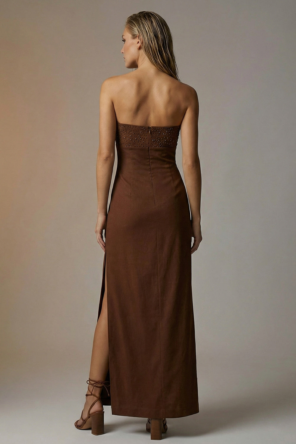 Simple Chocolate Strapless Sheath Long Evening Dress with Slit