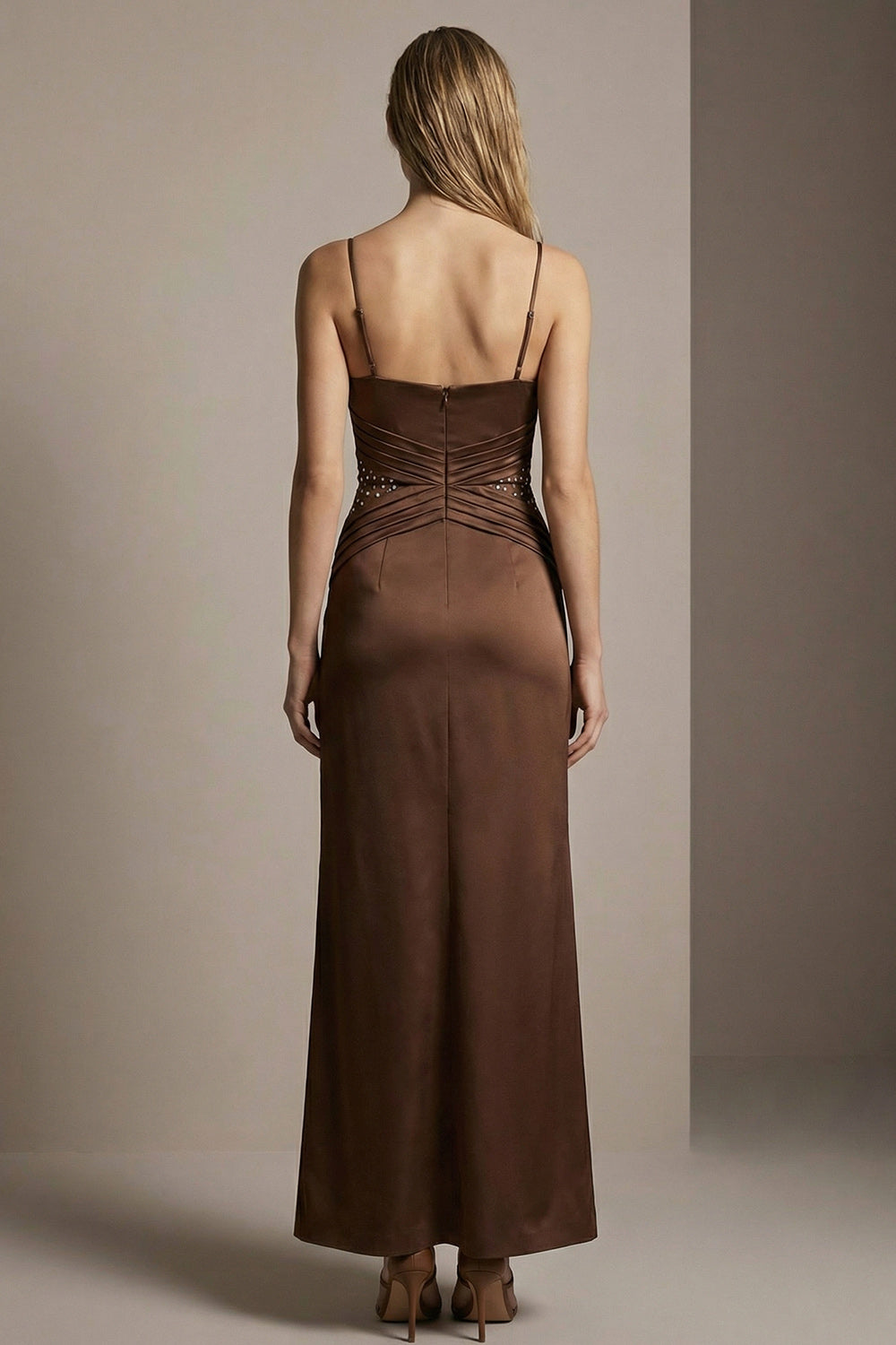 Simple Chocolate Sheath Satin Spaghetti Straps Long Evening Dress with Beading