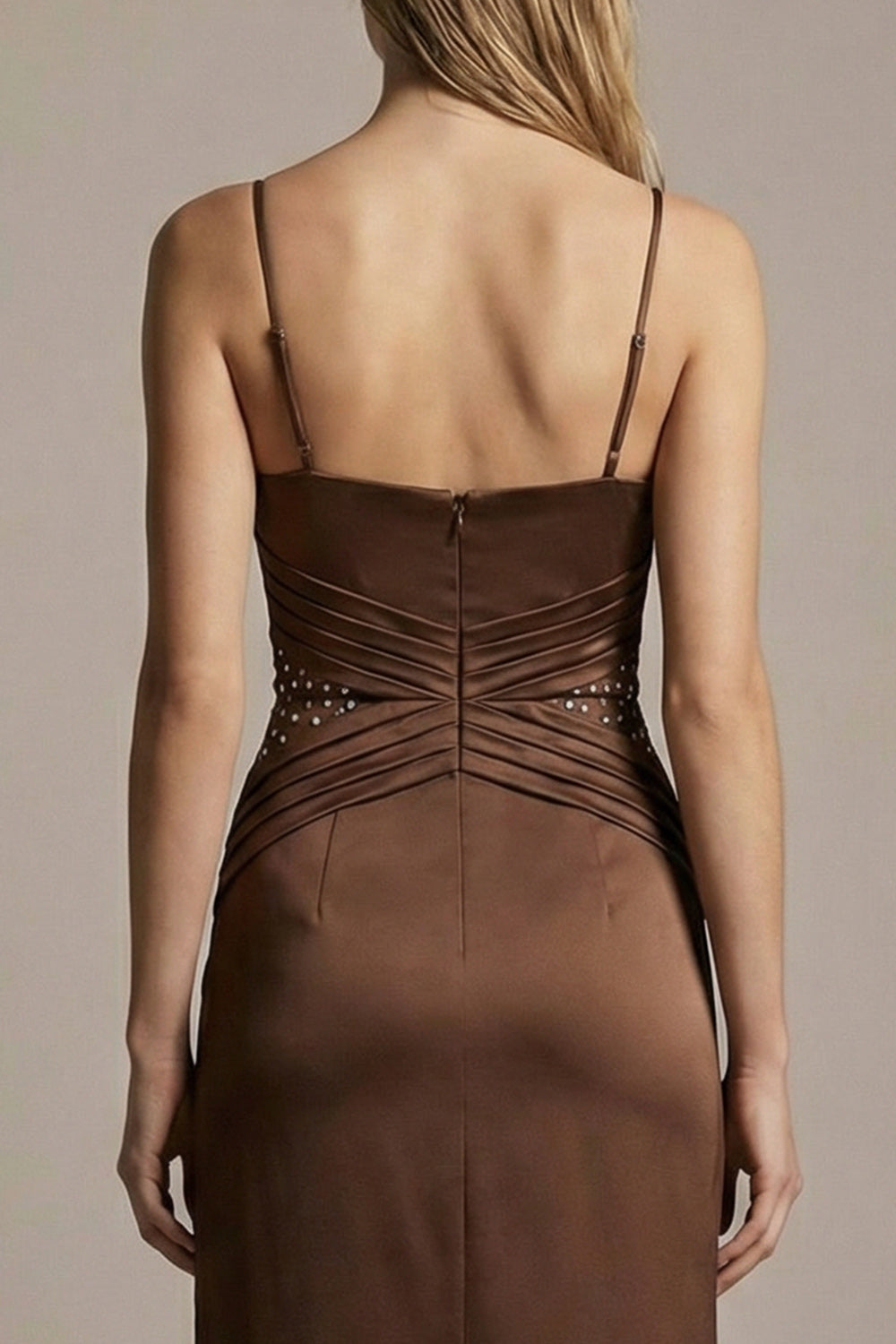 Simple Chocolate Sheath Satin Spaghetti Straps Long Evening Dress with Beading