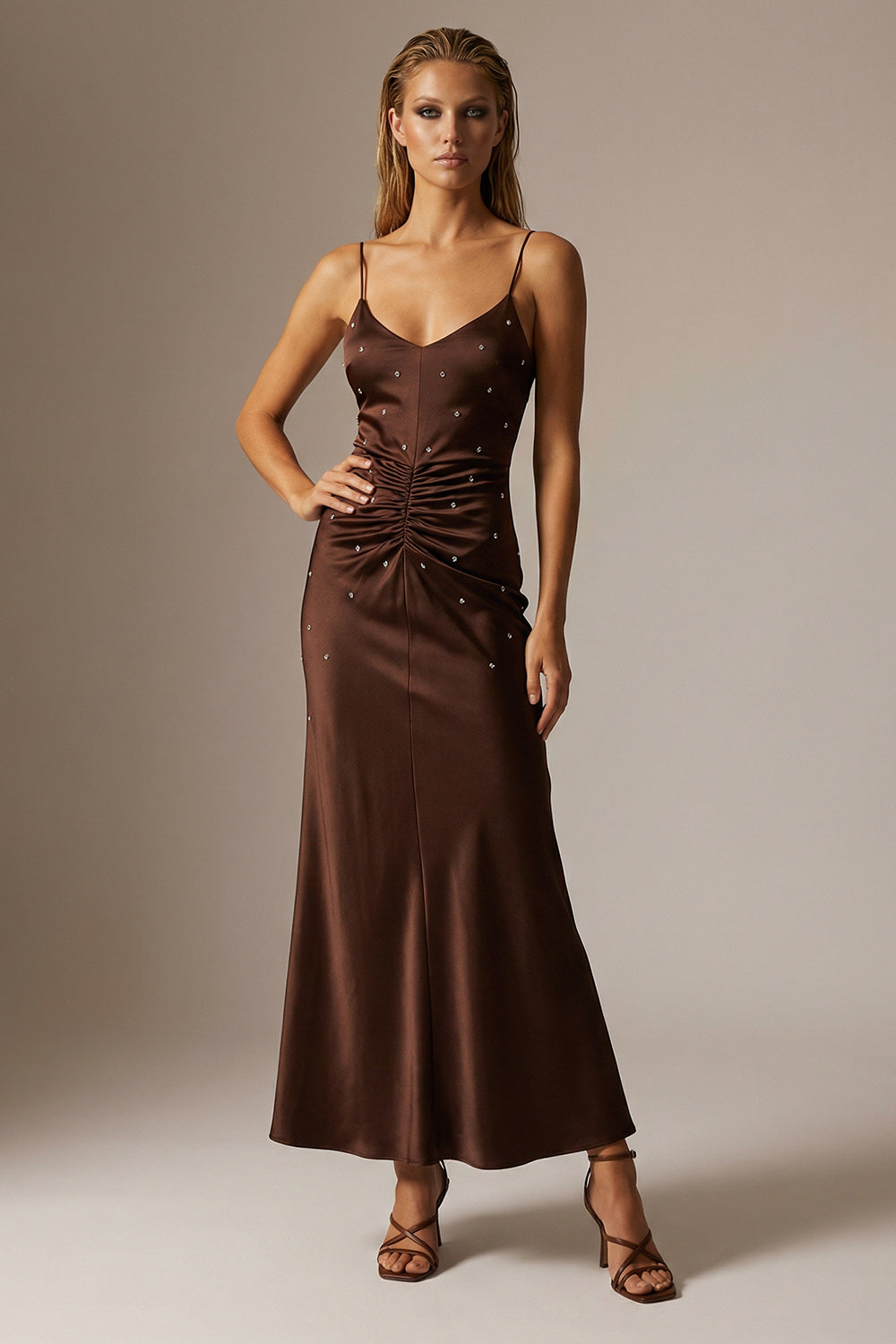 Sparkly Chocolate Sheath Spaghetti Straps Long Ruched Evening Dress