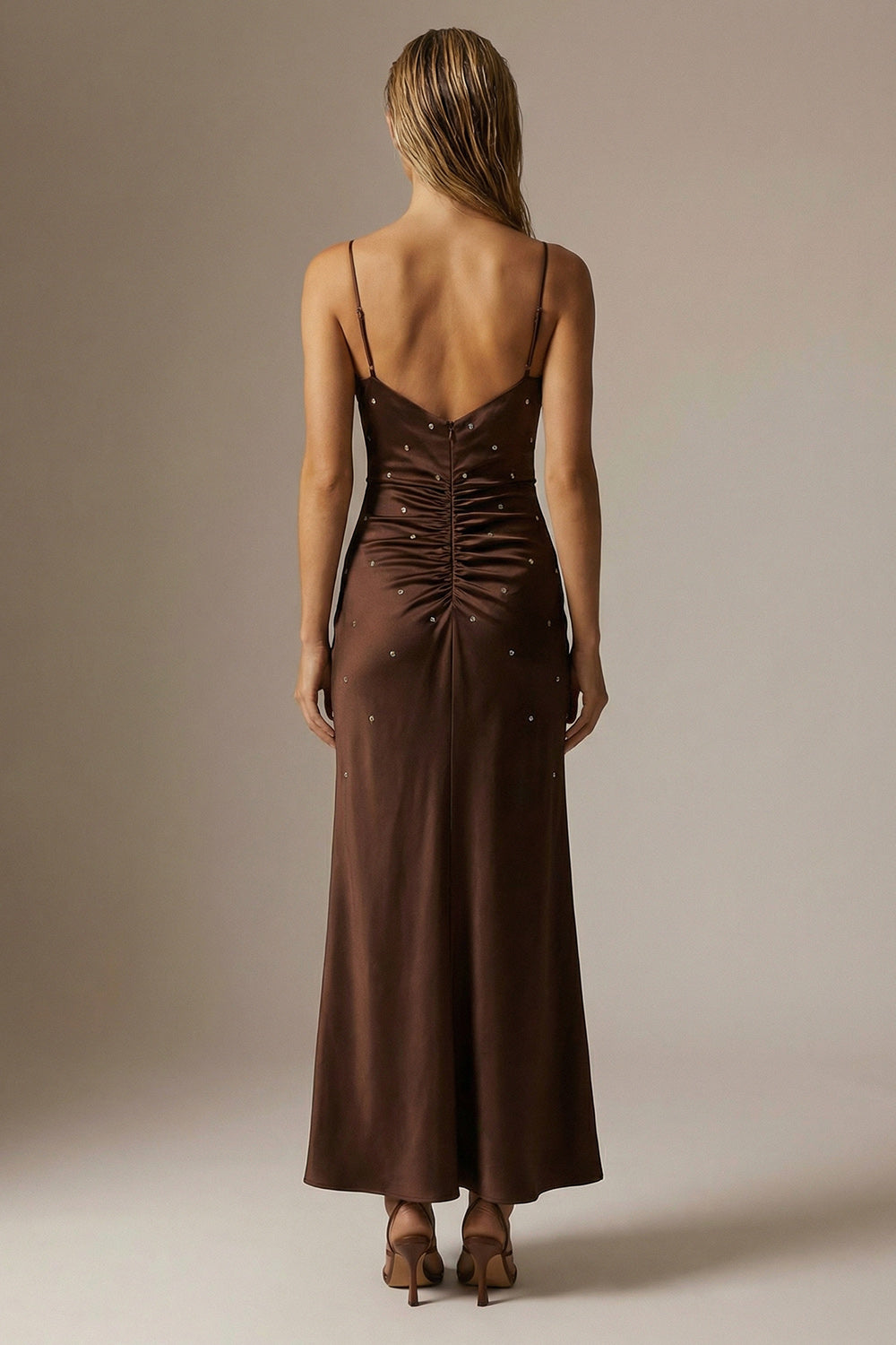 Sparkly Chocolate Sheath Spaghetti Straps Long Ruched Evening Dress