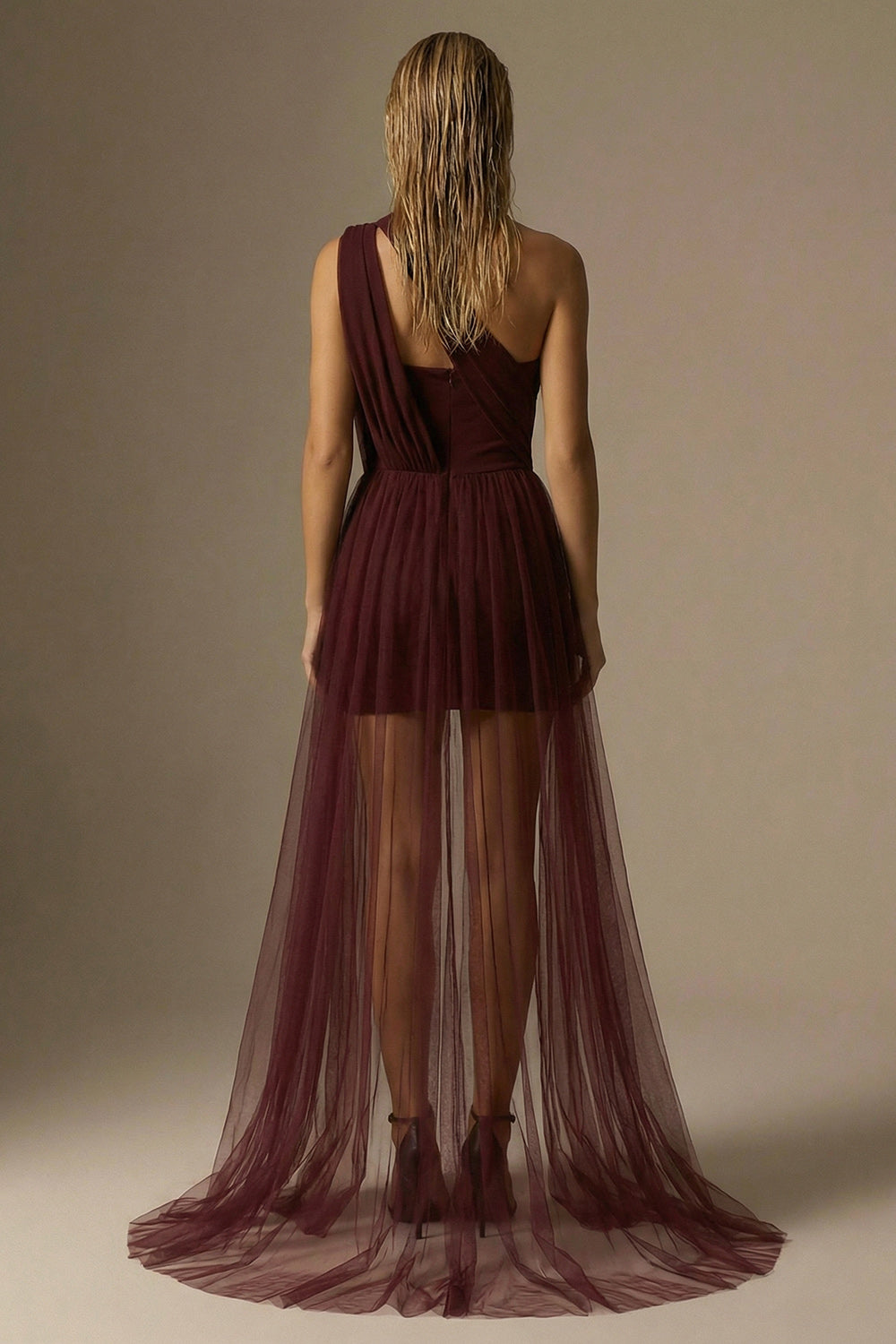 Burgundy One Shoulder Ruched Bodycon Short Cocktail Dress with Cape