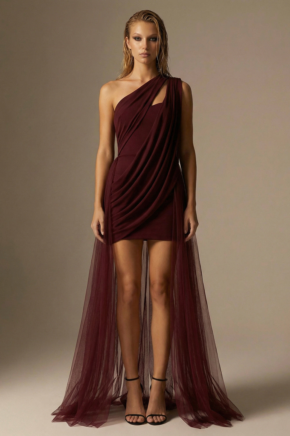 Burgundy One Shoulder Ruched Bodycon Short Cocktail Dress with Cape