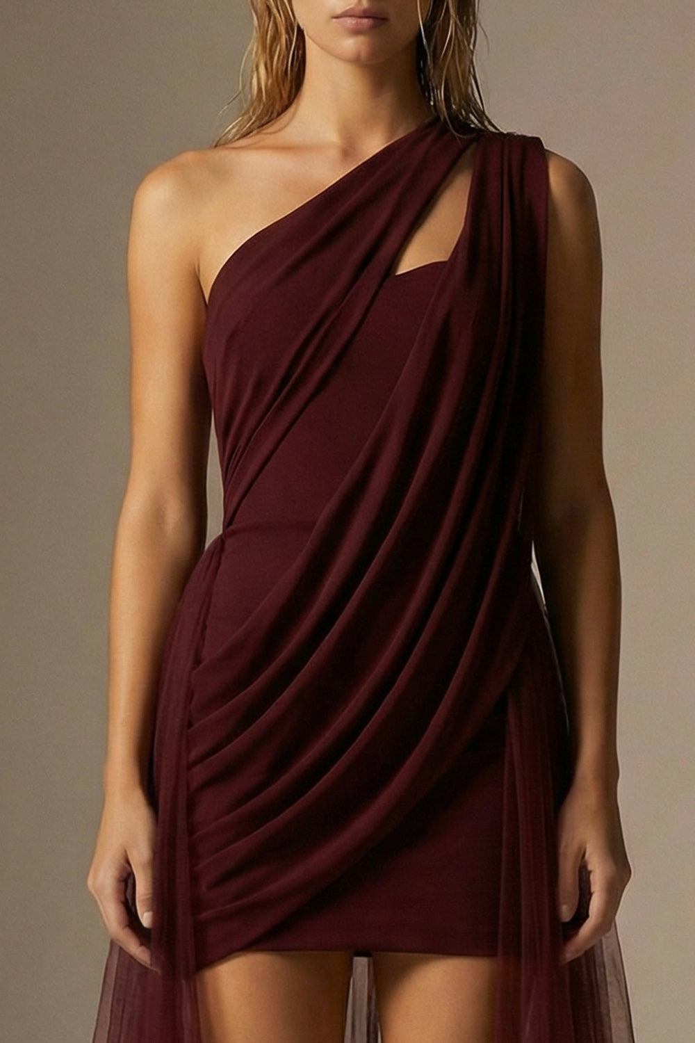 Burgundy One Shoulder Ruched Bodycon Short Cocktail Dress with Cape