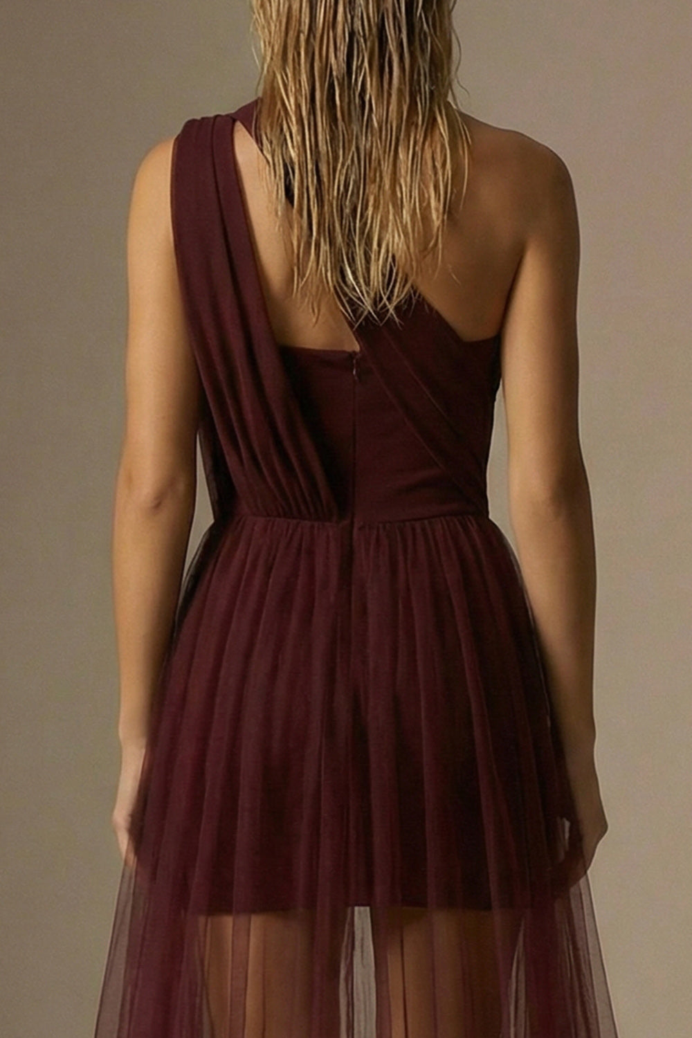 Burgundy One Shoulder Ruched Bodycon Short Cocktail Dress with Cape
