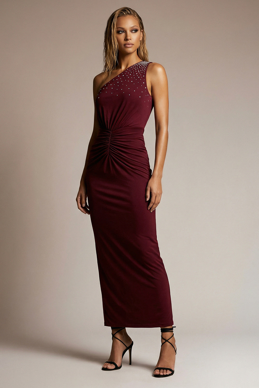 Sparkly Burgundy Ruched One Shoulder Long Sheath Evening Dress