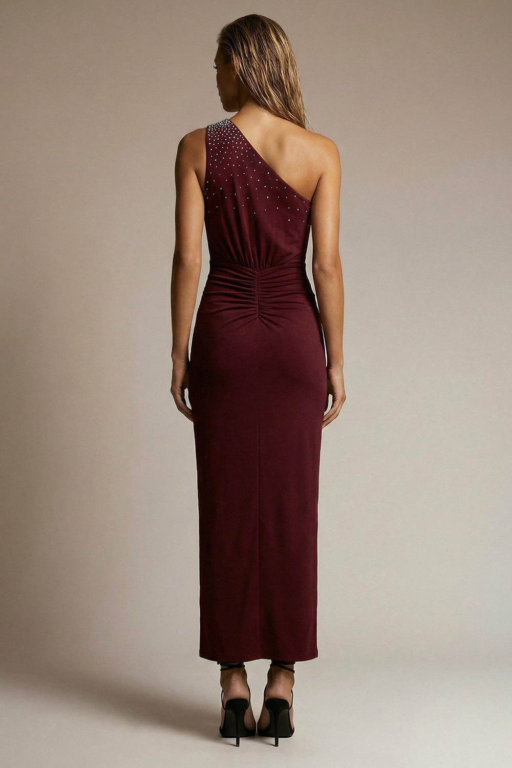 Sparkly Burgundy Ruched One Shoulder Long Sheath Evening Dress