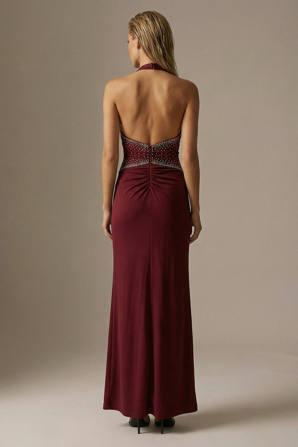 Sparkly Burgundy Halter Sheath Long Backless Evening Dress with Slit