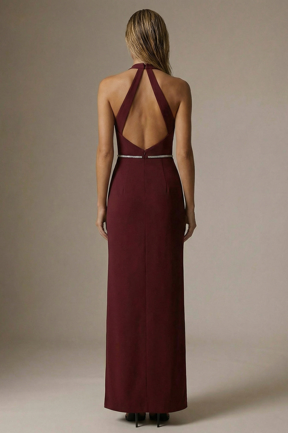 Sparkly Burgundy Halter Ruched Long Sheath Evening Dress with Slit