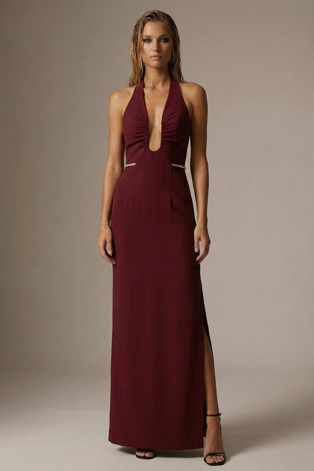 Sparkly Burgundy Halter Ruched Long Sheath Evening Dress with Slit