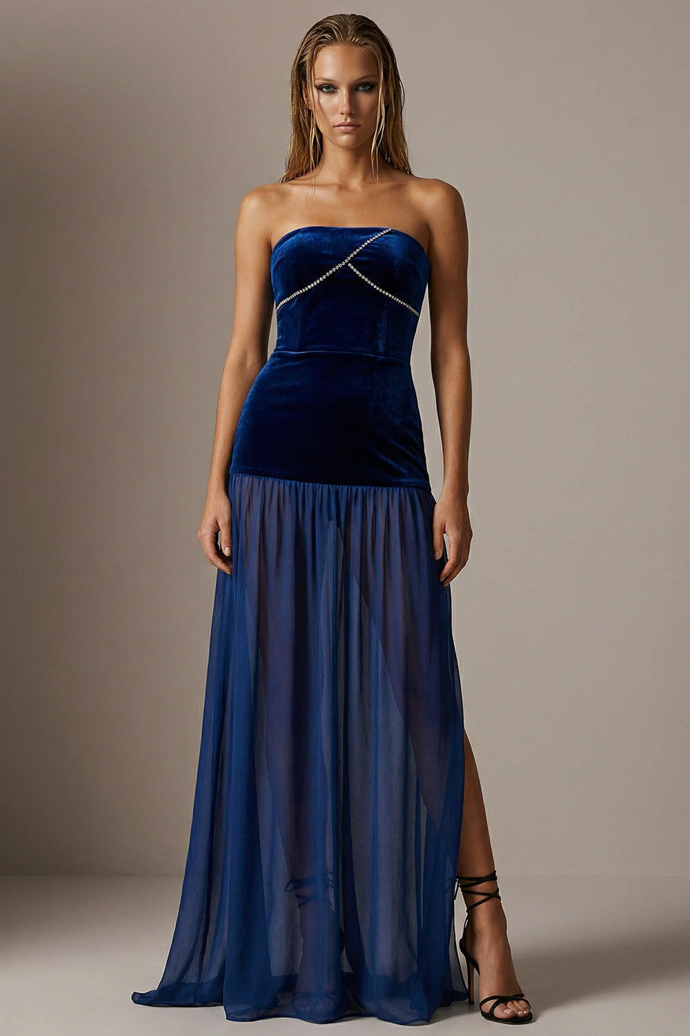Sparkly Navy Strapless Velvet Pleated Long Sheath Evening Dress with Slit