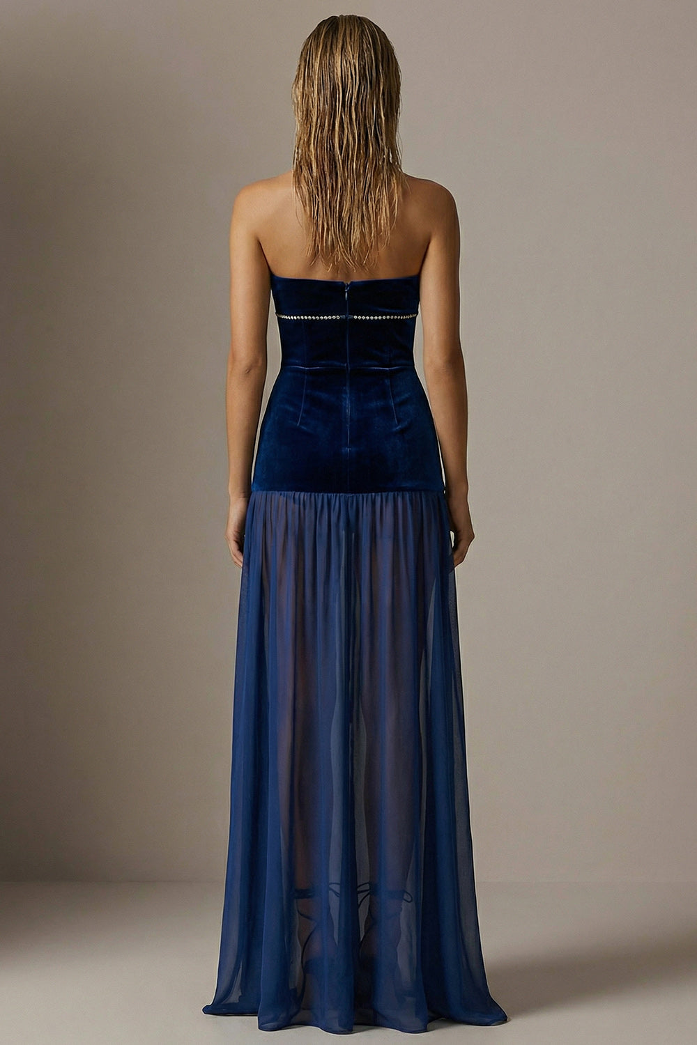 Sparkly Navy Strapless Velvet Pleated Long Sheath Evening Dress with Slit
