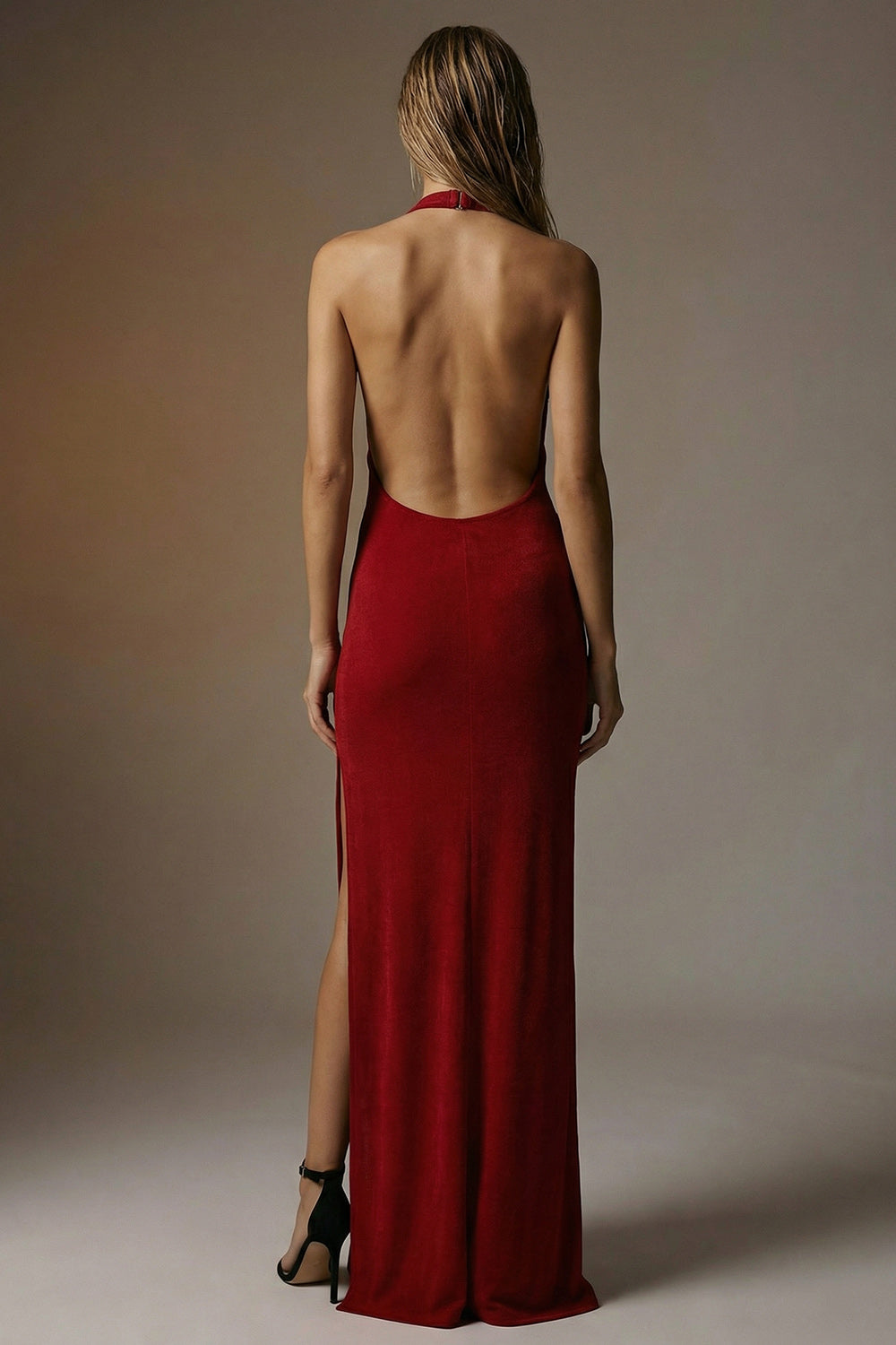 Elegant Dark Red Sheath Halter Backless Long Evening Dress with Slit