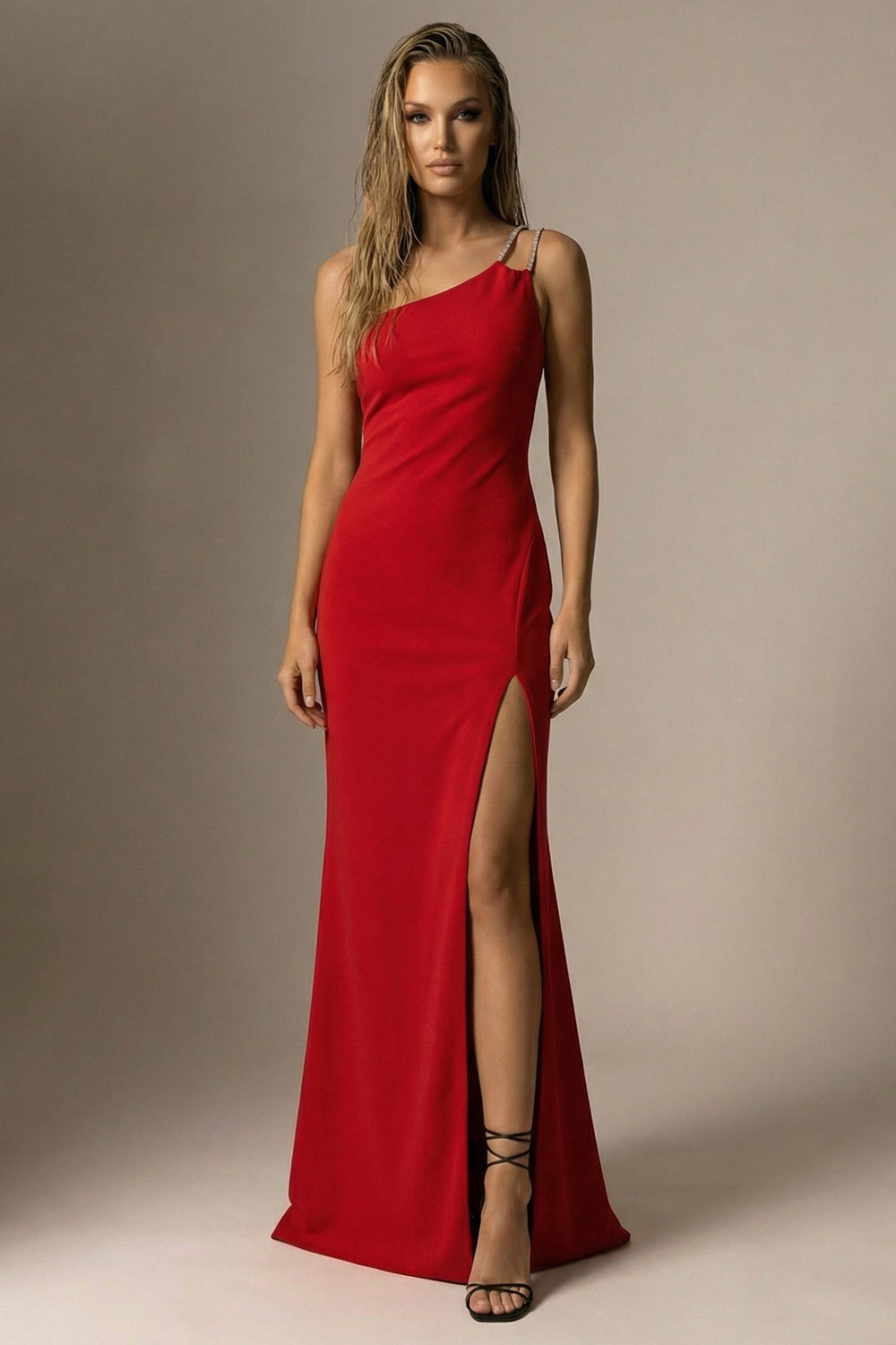 Red One Shoulder Long Mermaid Evening Dress with Slit