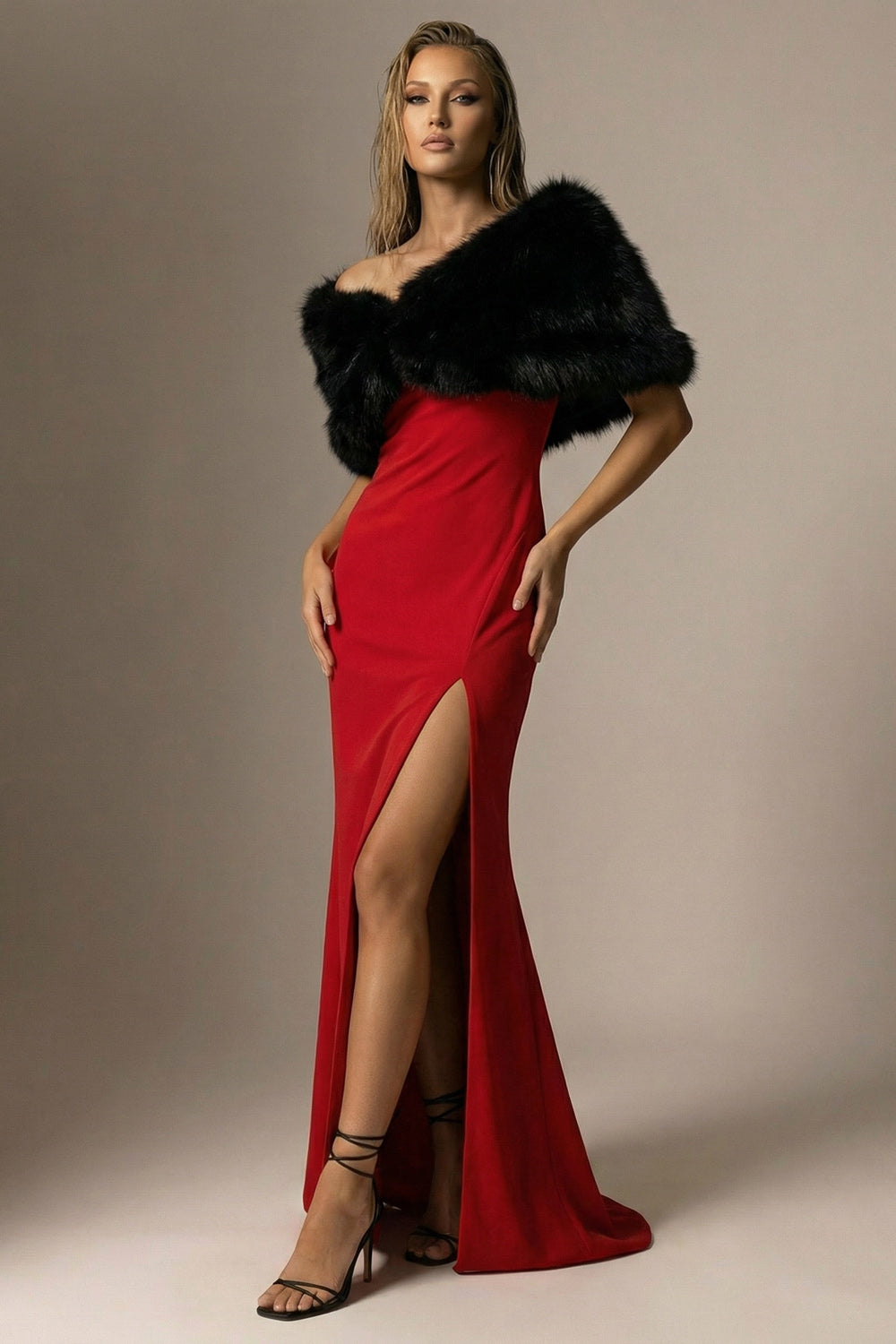 Red One Shoulder Long Mermaid Evening Dress with Slit