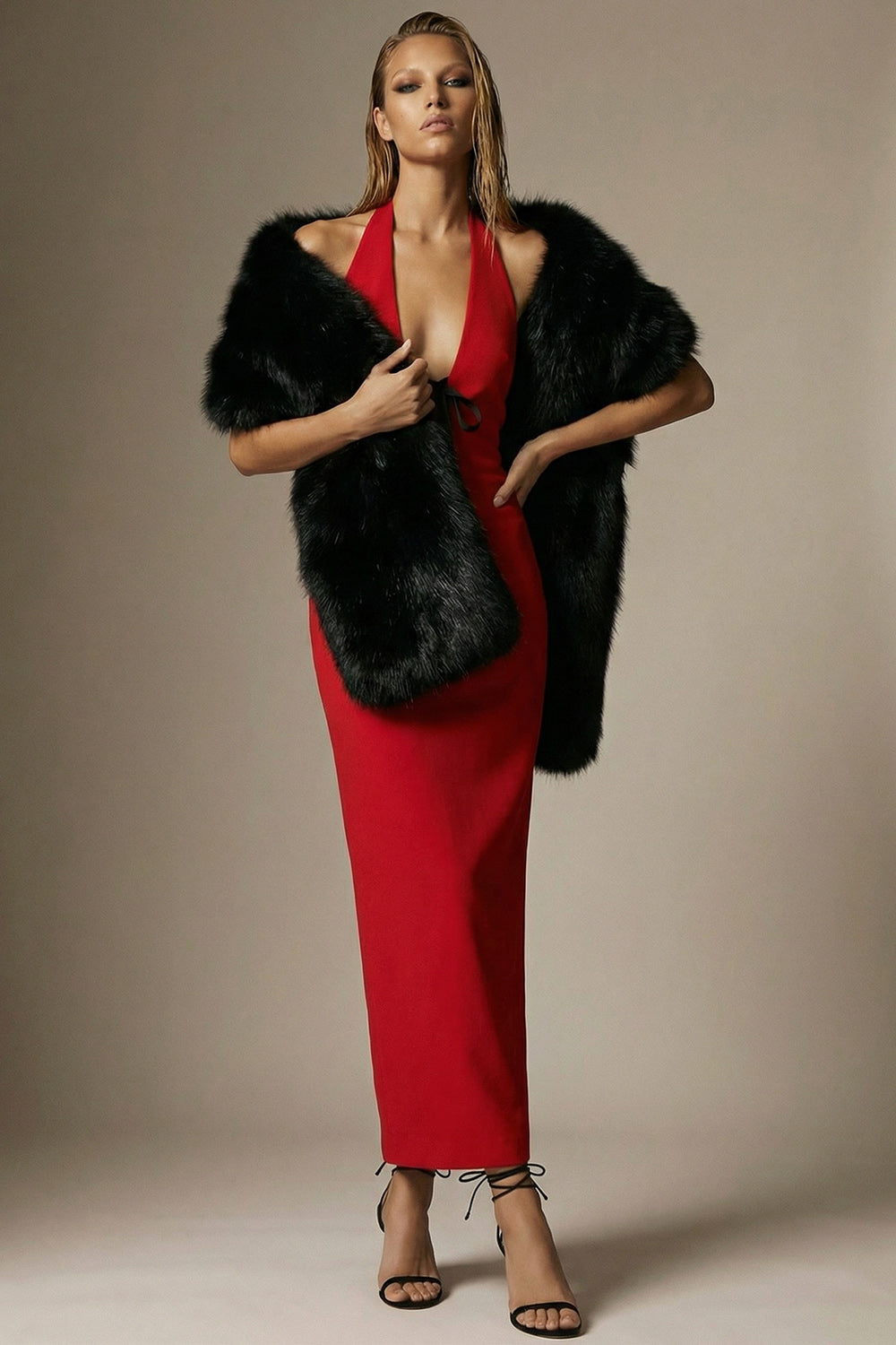 Red Sheath Backless Long Halter Evening Dress with Bow