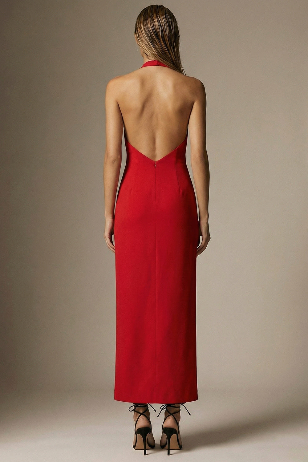 Red Sheath Backless Long Halter Evening Dress with Bow
