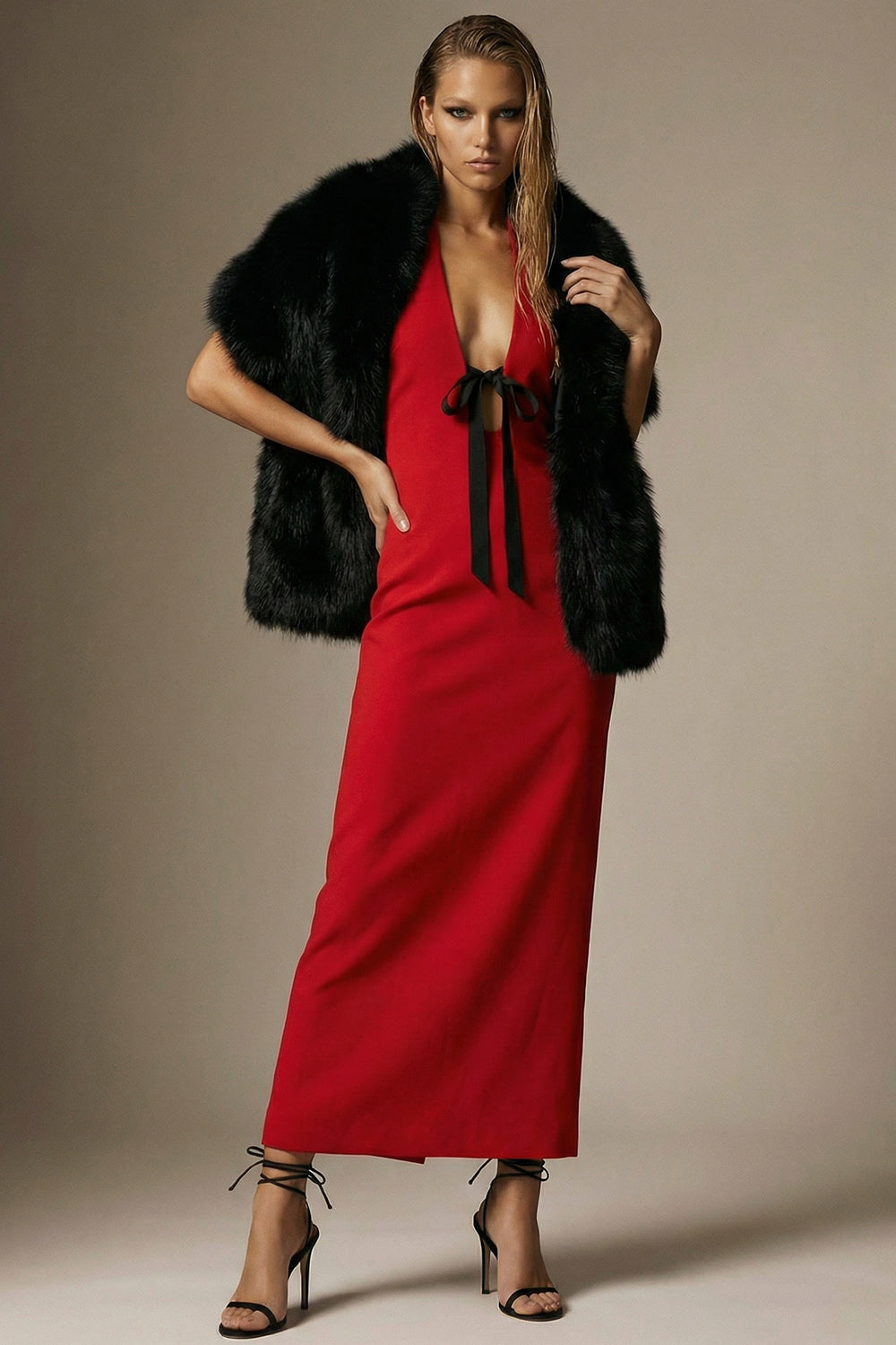 Red Sheath Backless Long Halter Evening Dress with Bow