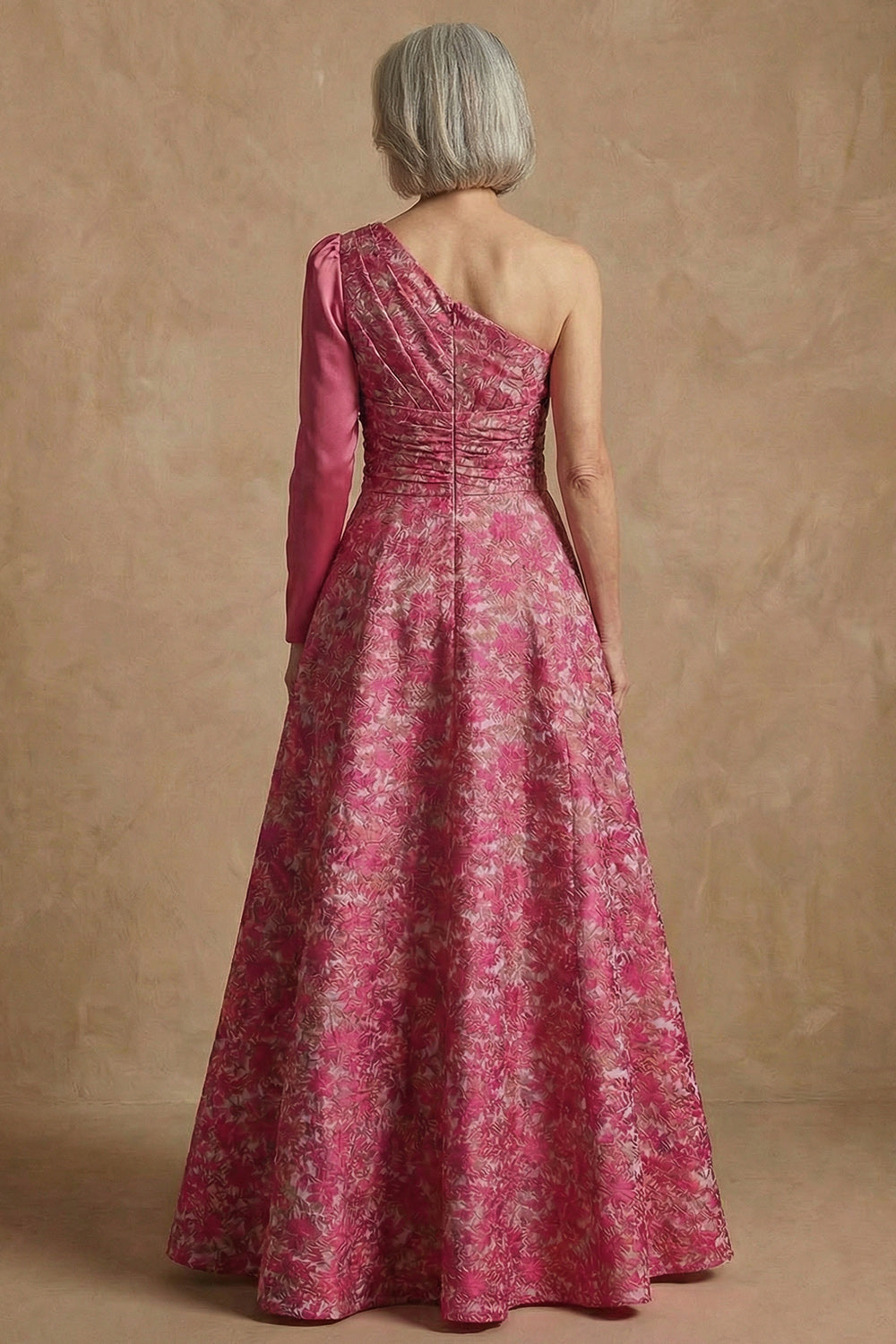 Fuchsia A Line Floral One Shoulder Long Wedding Guest Dress with Sleeves