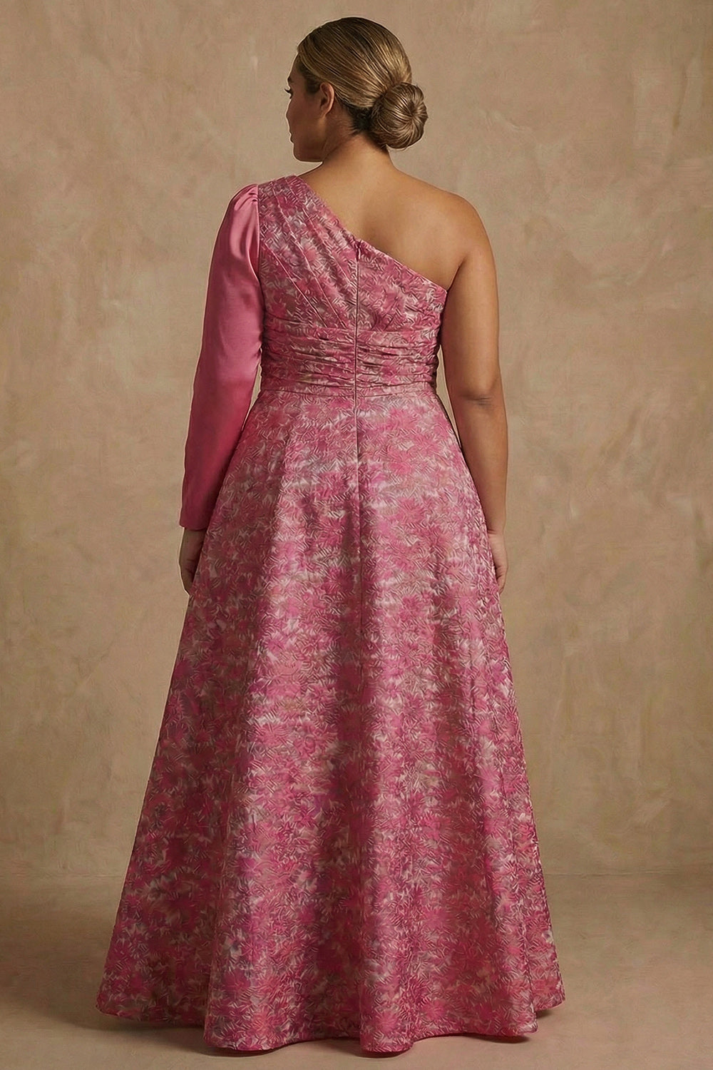 Fuchsia A Line Floral One Shoulder Long Wedding Guest Dress with Sleeves