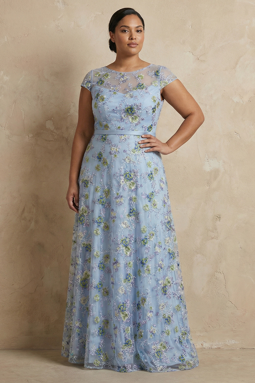 Blue Floral Appliqued Round Neck A Line Long Wedding Guest Dress